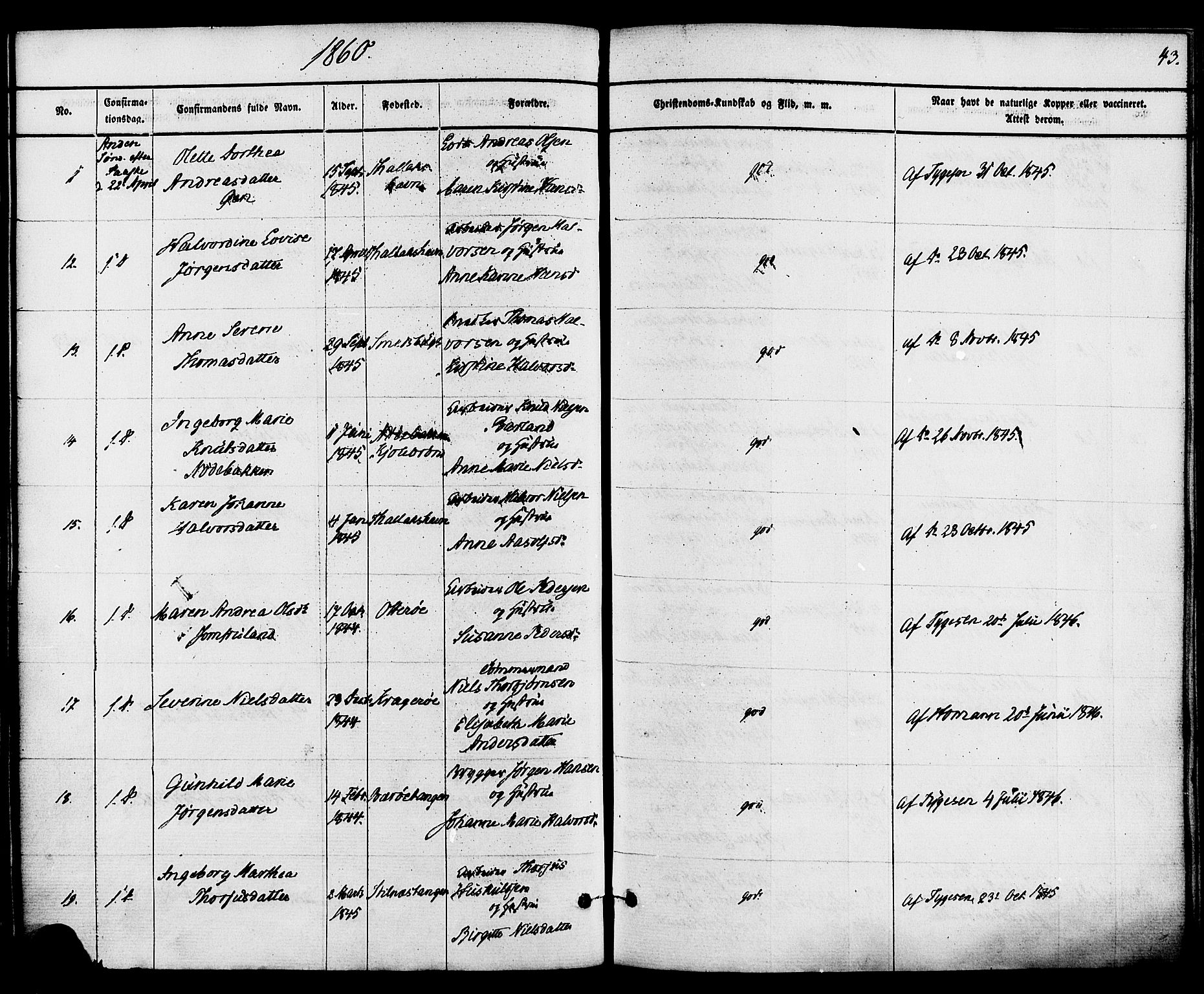 Kragerø kirkebøker, AV/SAKO-A-278/F/Fa/L0008: Parish register (official) no. 8, 1856-1880, p. 43
