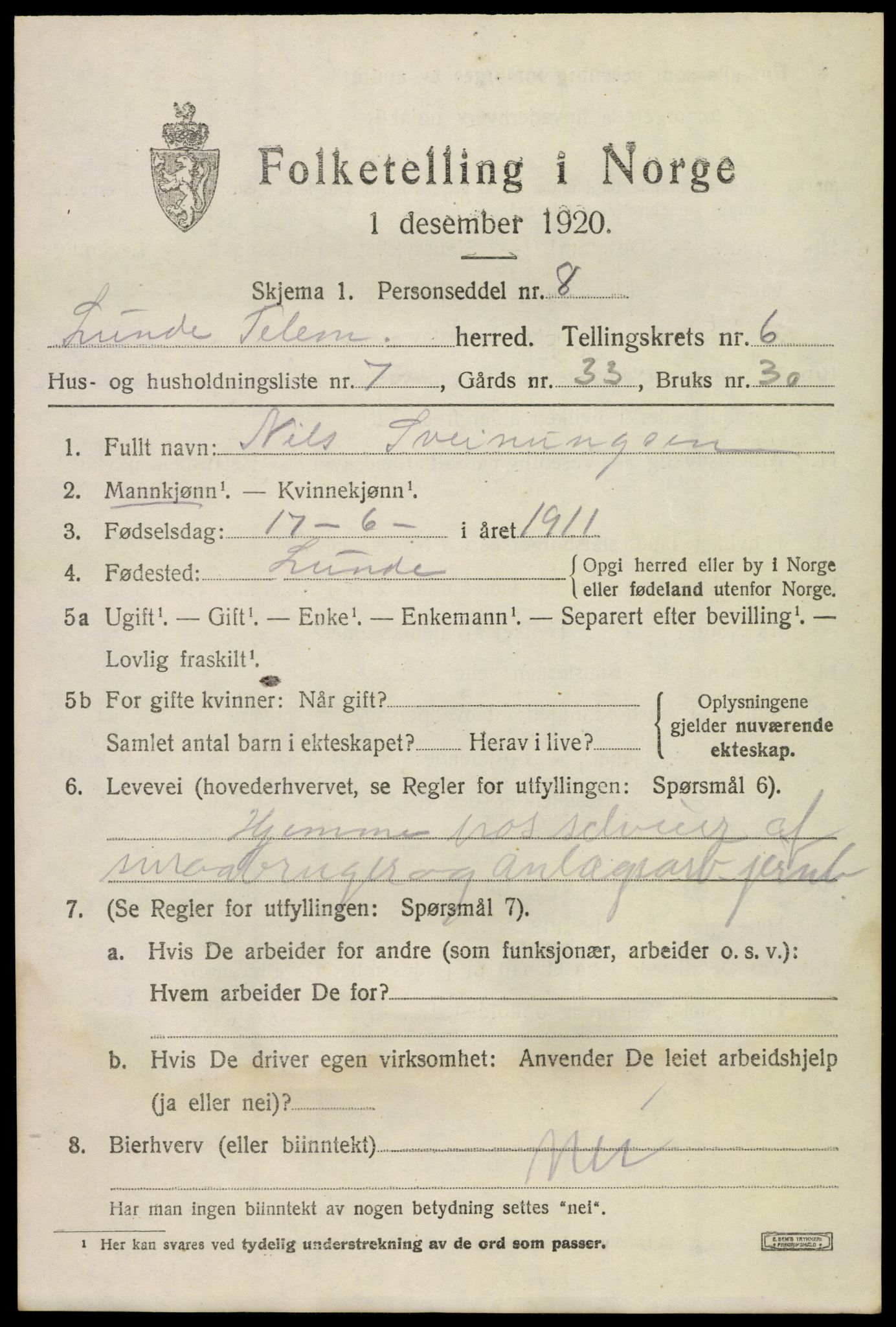 SAKO, 1920 census for Lunde, 1920, p. 4283