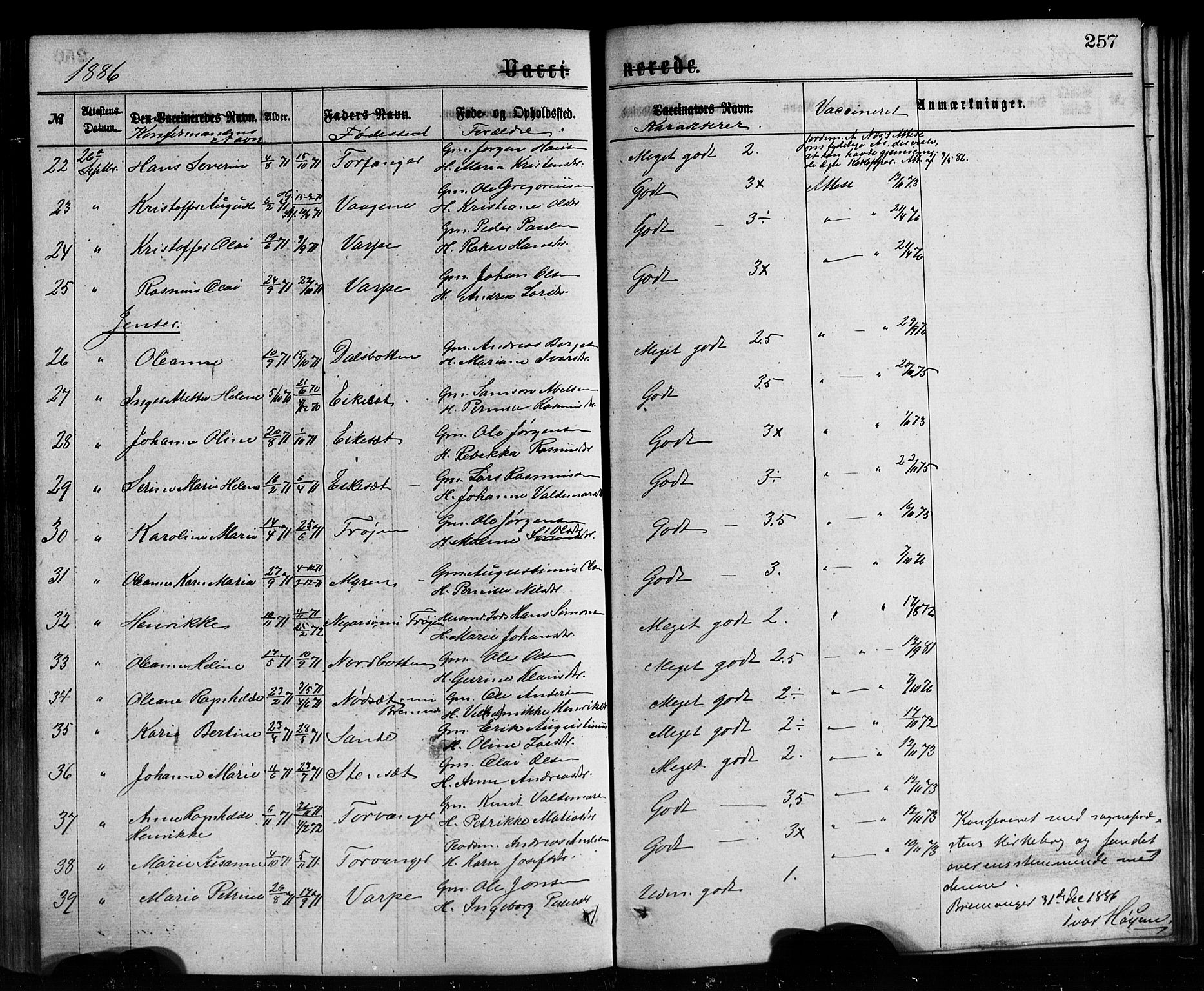 Bremanger sokneprestembete, SAB/A-82201/H/Hab/Haba/L0002: Parish register (copy) no. A 2, 1866-1889, p. 257