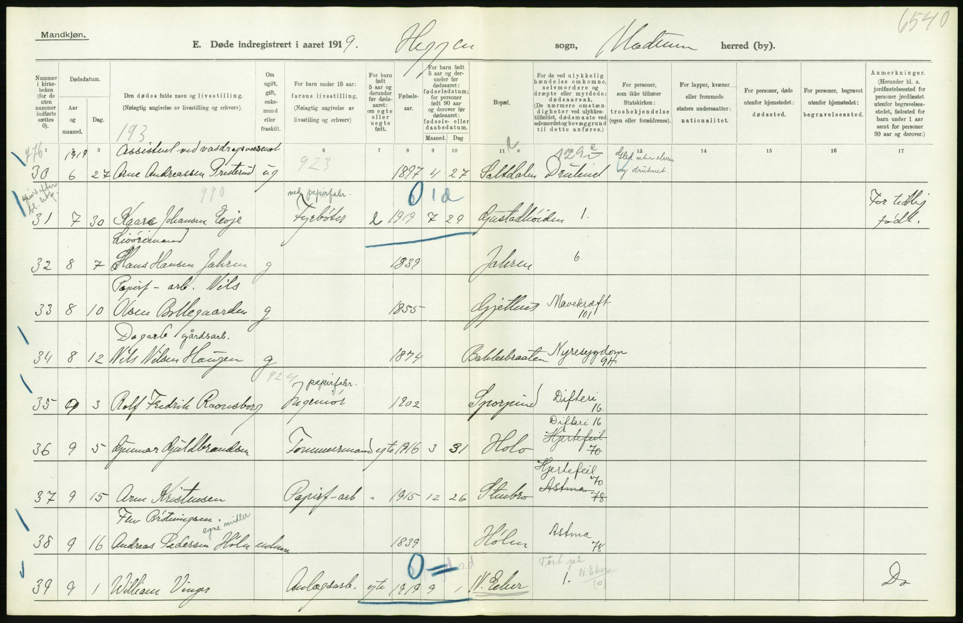 Statistisk sentralbyrå, Sosiodemografiske emner, Befolkning, RA/S-2228/D/Df/Dfb/Dfbi/L0018: Buskerud fylke: Døde. Bygder og byer., 1919, p. 248