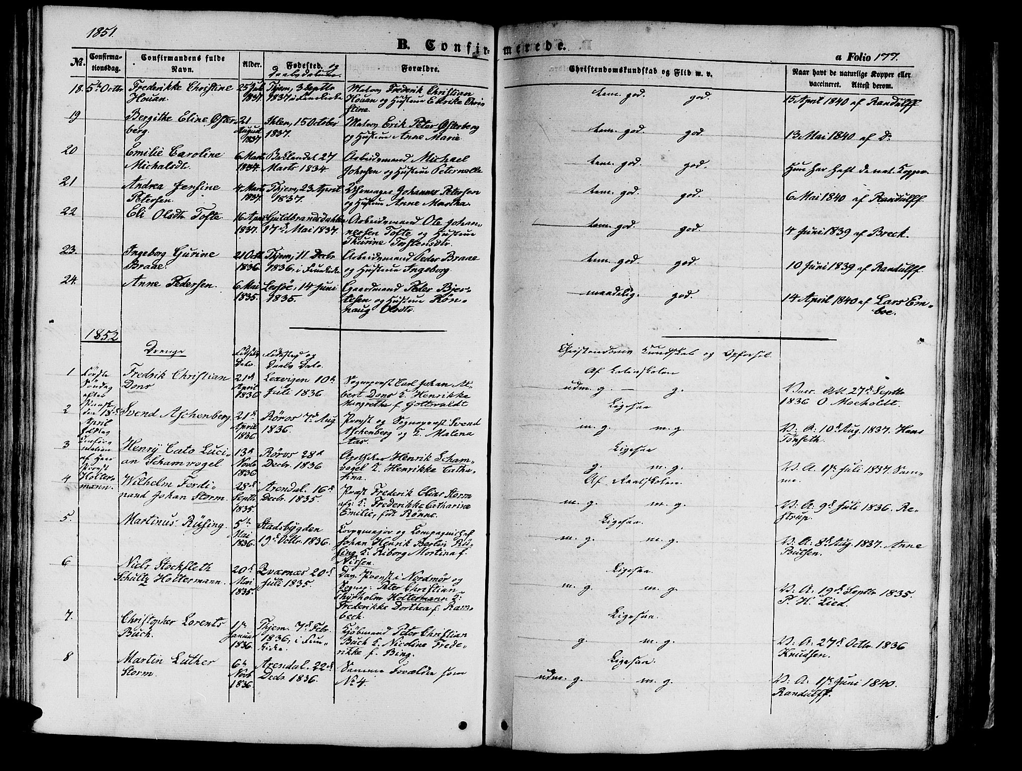 Ministerialprotokoller, klokkerbøker og fødselsregistre - Sør-Trøndelag, SAT/A-1456/602/L0137: Parish register (copy) no. 602C05, 1846-1856, p. 177