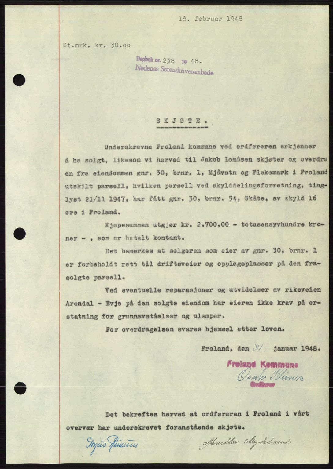 Nedenes sorenskriveri, AV/SAK-1221-0006/G/Gb/Gba/L0058: Mortgage book no. A10, 1947-1948, Diary no: : 238/1948