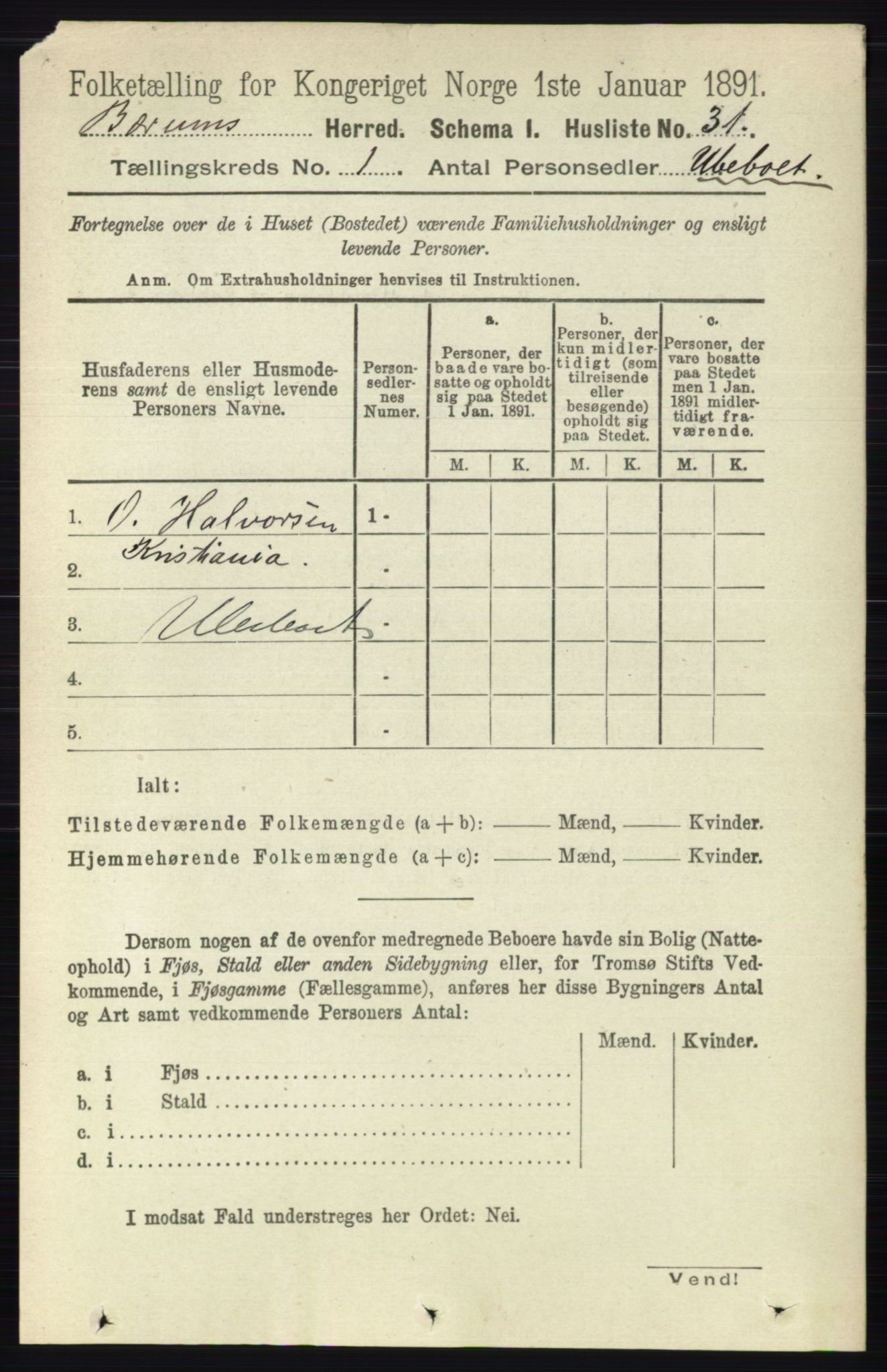 RA, 1891 census for 0219 Bærum, 1891, p. 74