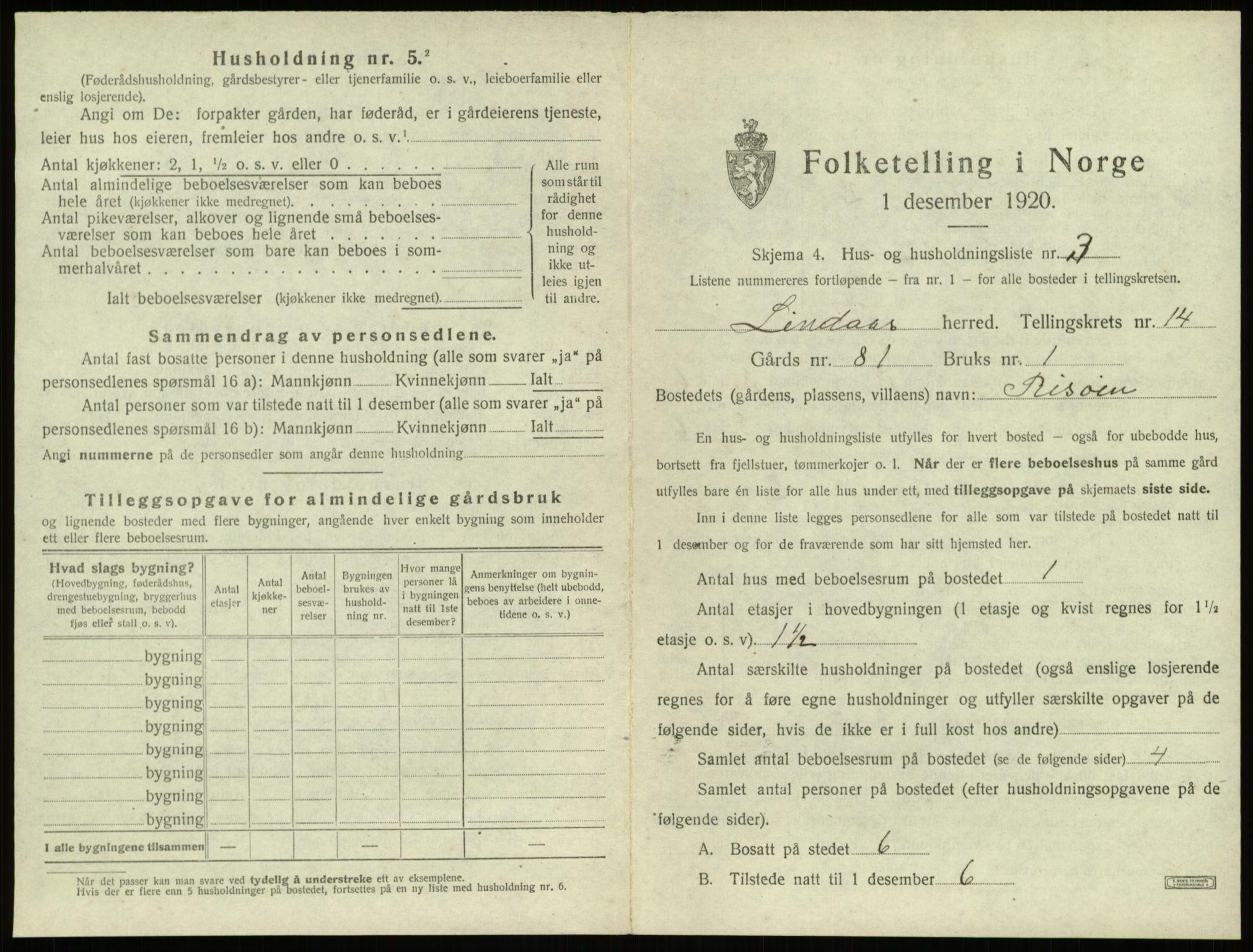 SAB, 1920 census for Lindås, 1920, p. 952