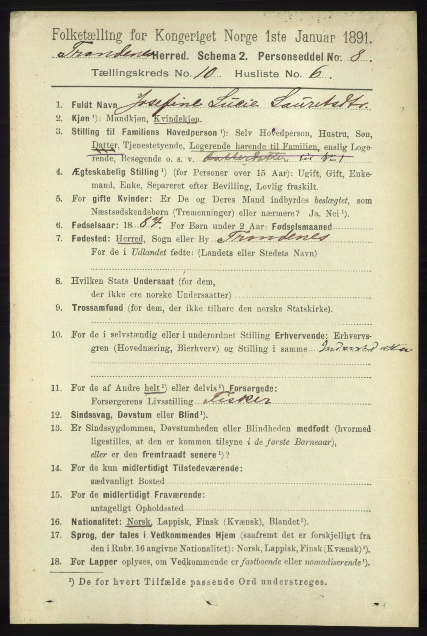 RA, 1891 census for 1914 Trondenes, 1891, p. 7551