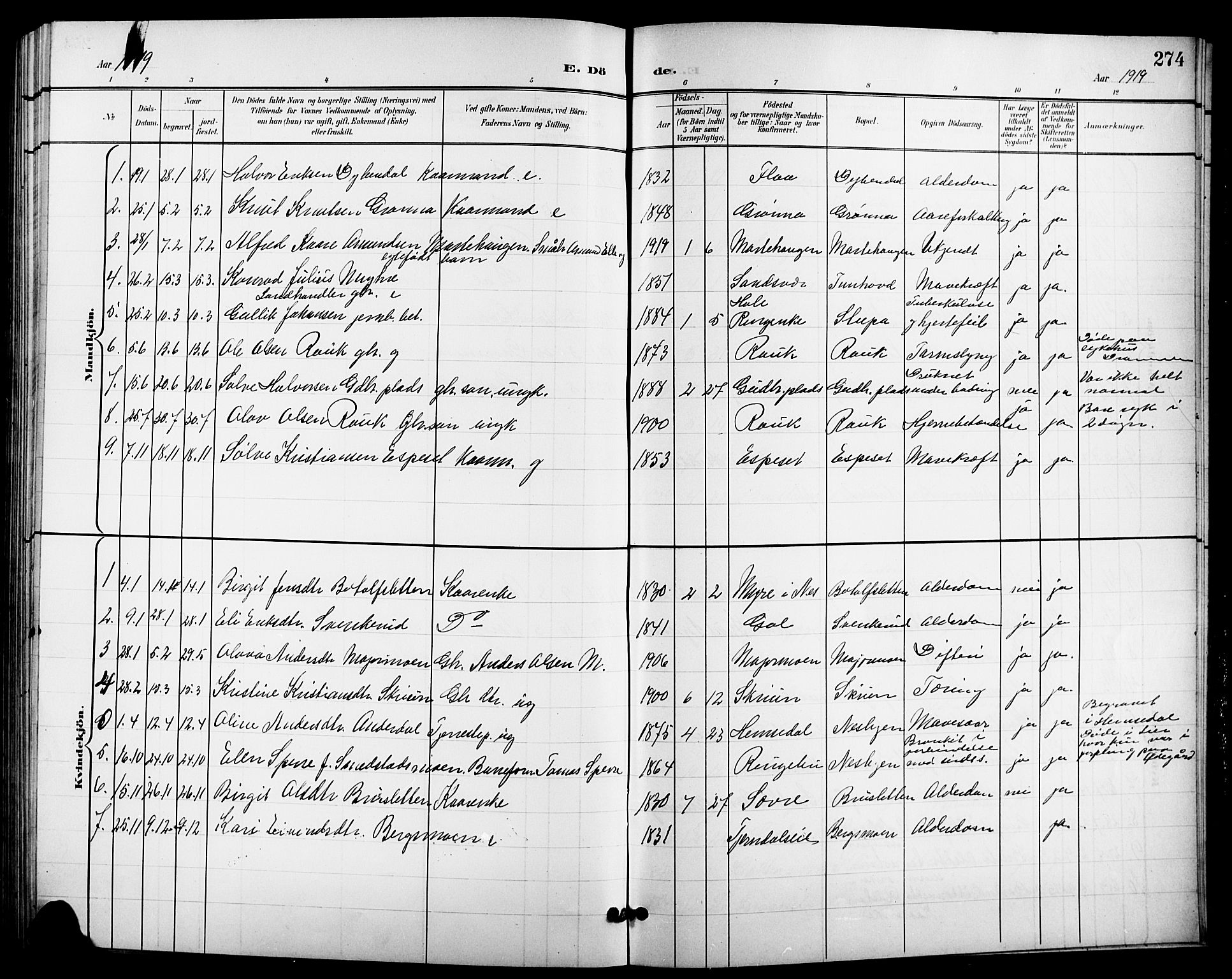 Nes kirkebøker, SAKO/A-236/G/Ga/L0004: Parish register (copy) no. I 4, 1900-1925, p. 274