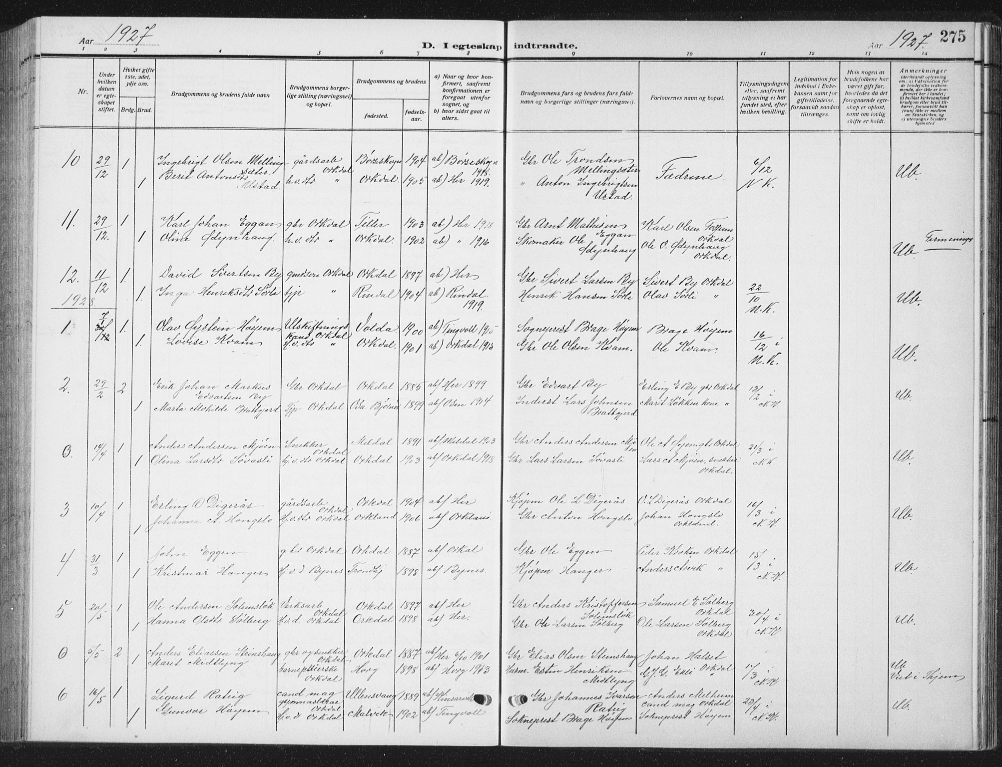 Ministerialprotokoller, klokkerbøker og fødselsregistre - Sør-Trøndelag, AV/SAT-A-1456/668/L0820: Parish register (copy) no. 668C09, 1912-1936, p. 275