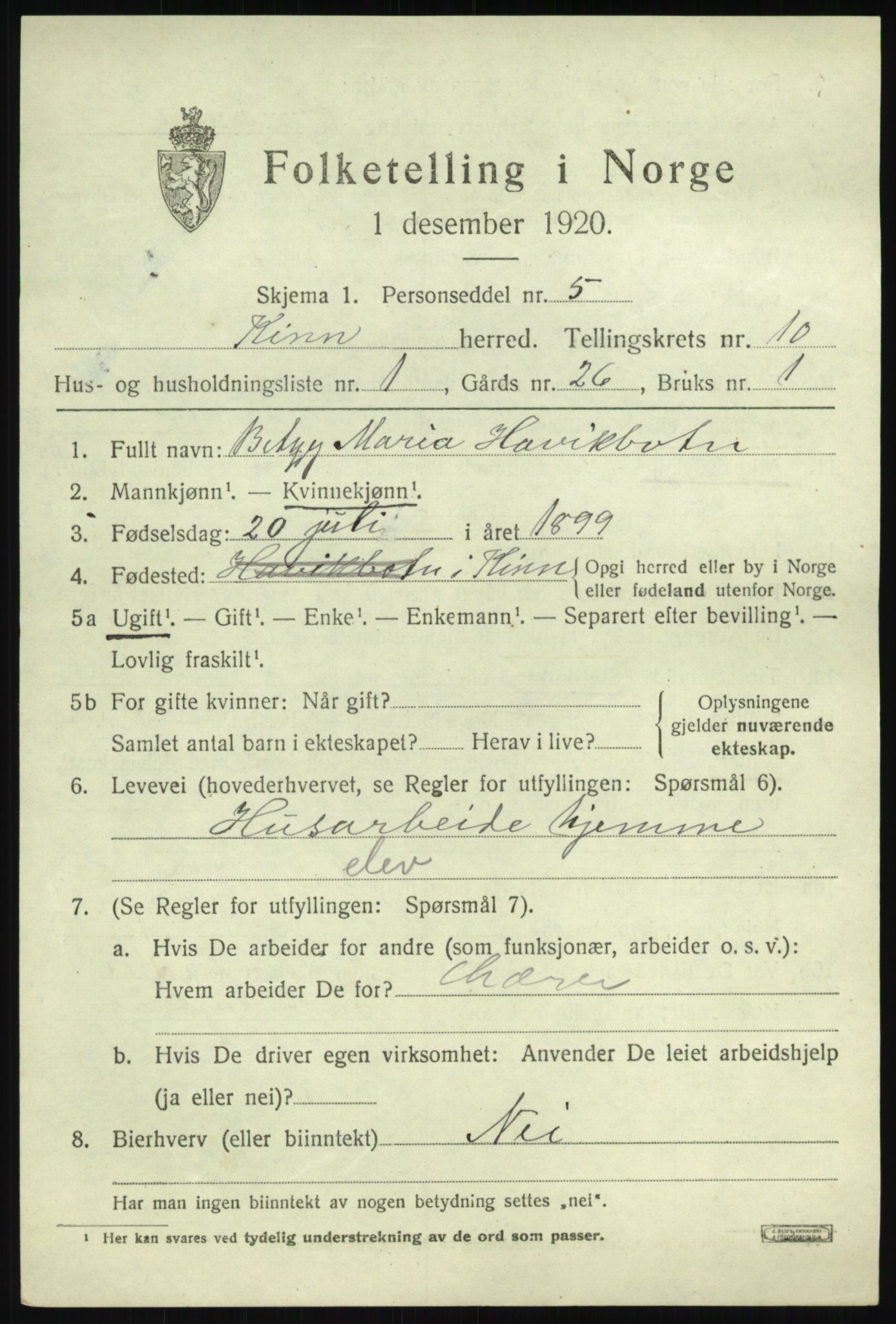 SAB, 1920 census for Kinn, 1920, p. 3447