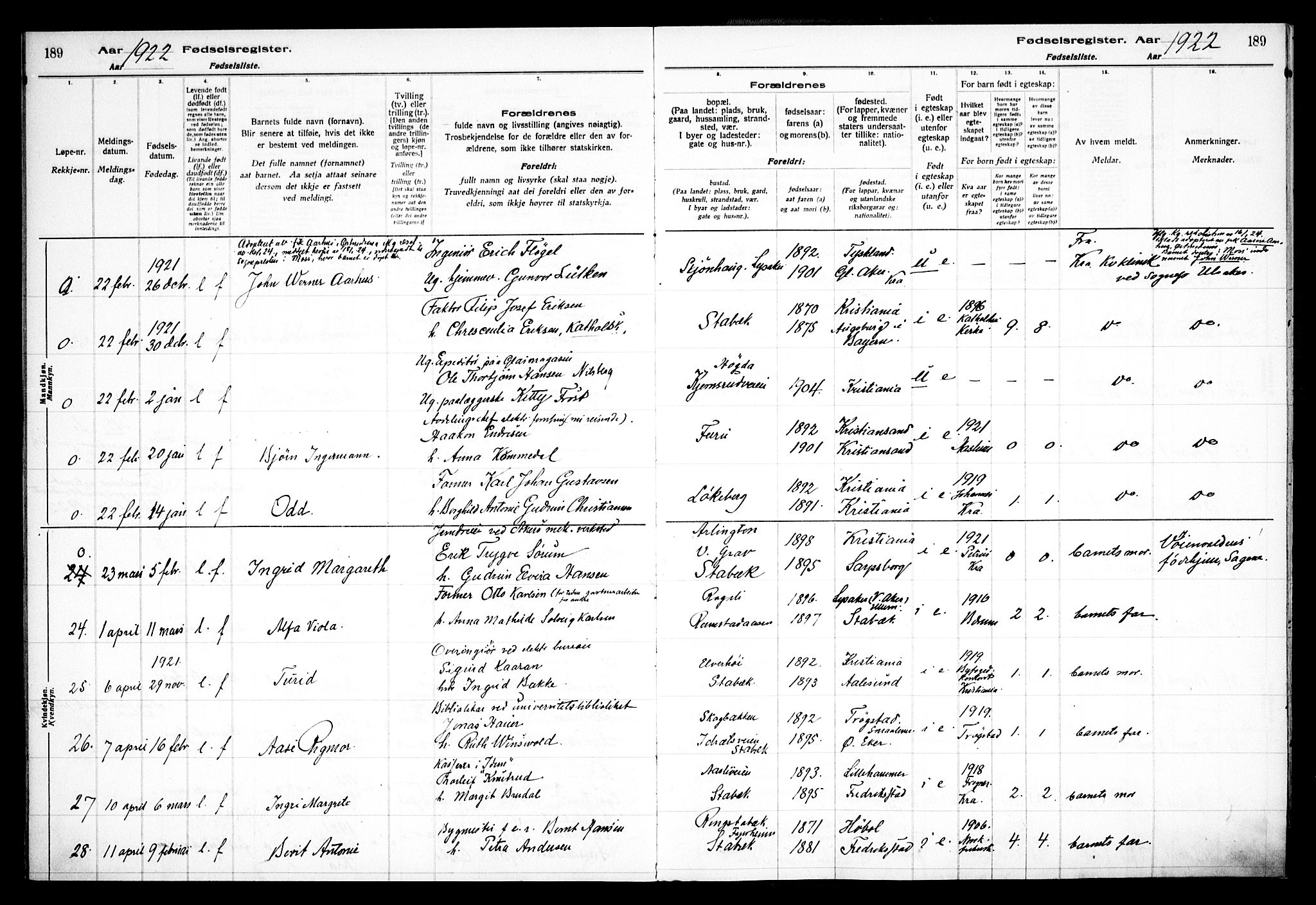 Østre Bærum prestekontor Kirkebøker, AV/SAO-A-10887/J/Ja/L0001: Birth register no. 1, 1916-1922, p. 189