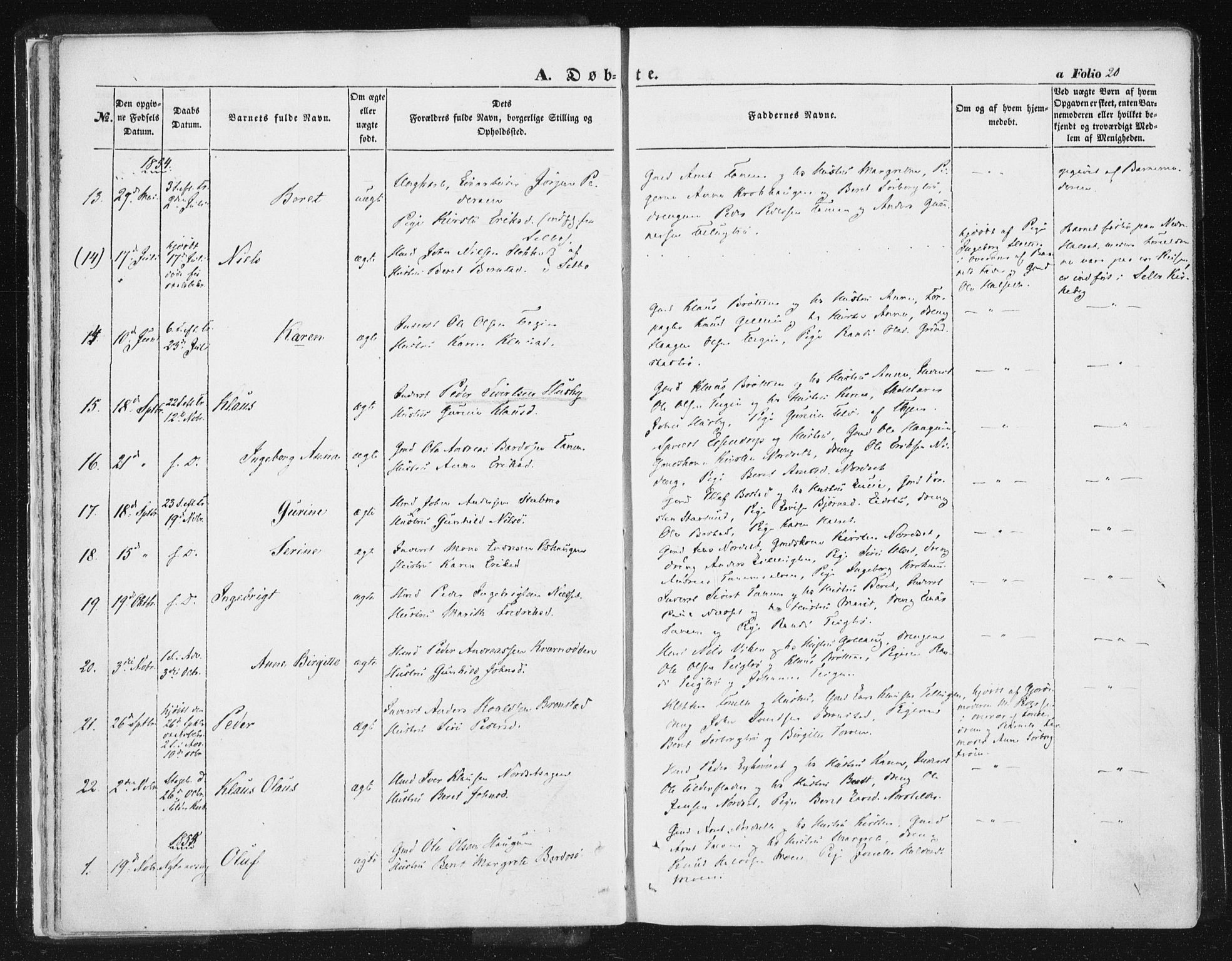 Ministerialprotokoller, klokkerbøker og fødselsregistre - Sør-Trøndelag, SAT/A-1456/618/L0441: Parish register (official) no. 618A05, 1843-1862, p. 20