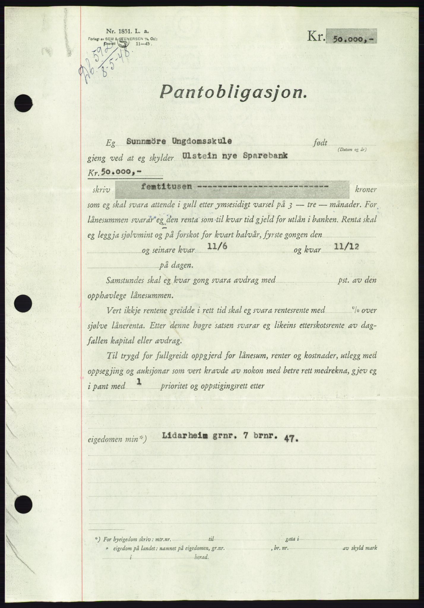 Søre Sunnmøre sorenskriveri, AV/SAT-A-4122/1/2/2C/L0115: Mortgage book no. 3B, 1947-1948, Diary no: : 592/1948