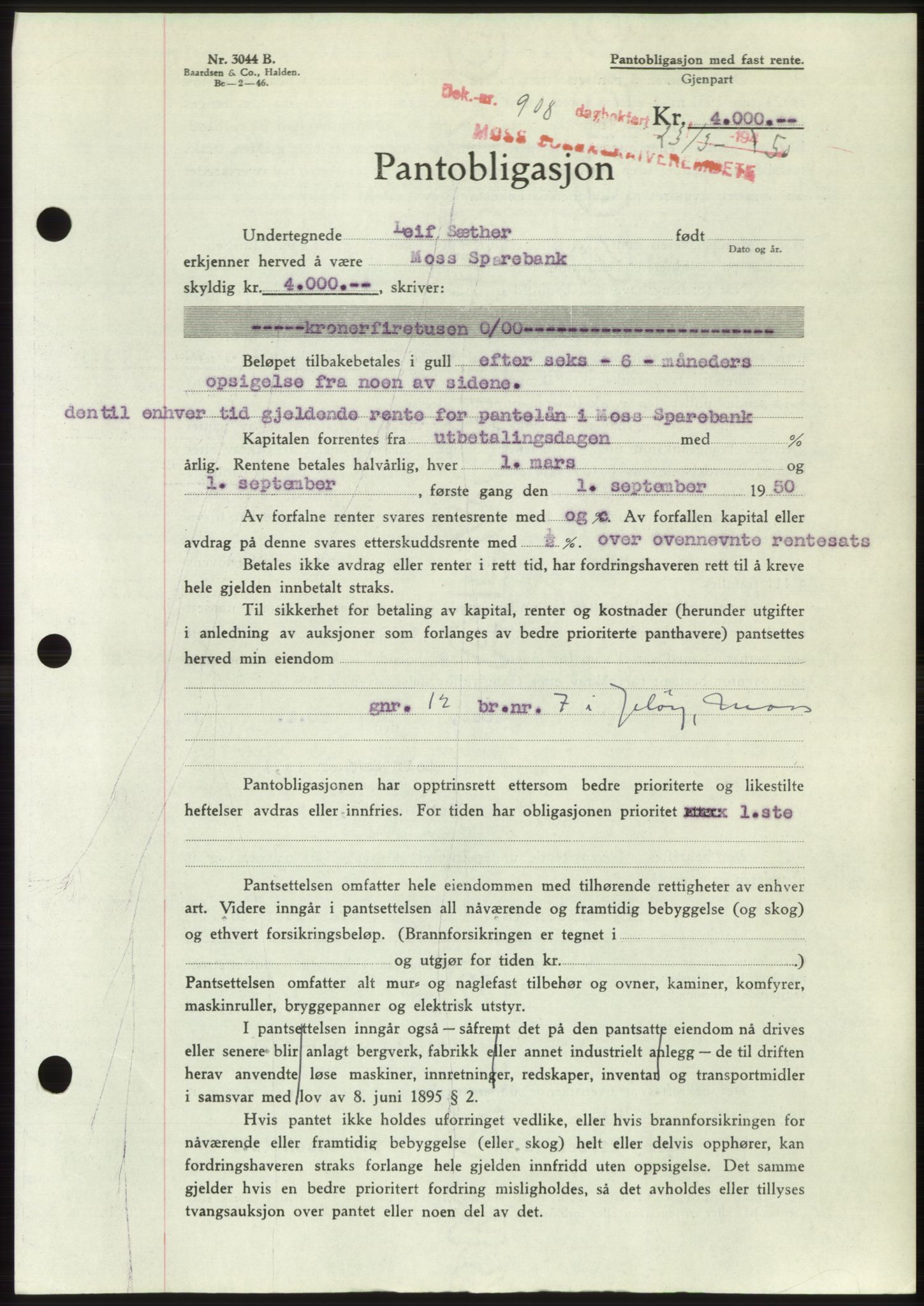 Moss sorenskriveri, AV/SAO-A-10168: Mortgage book no. B24, 1950-1950, Diary no: : 908/1950