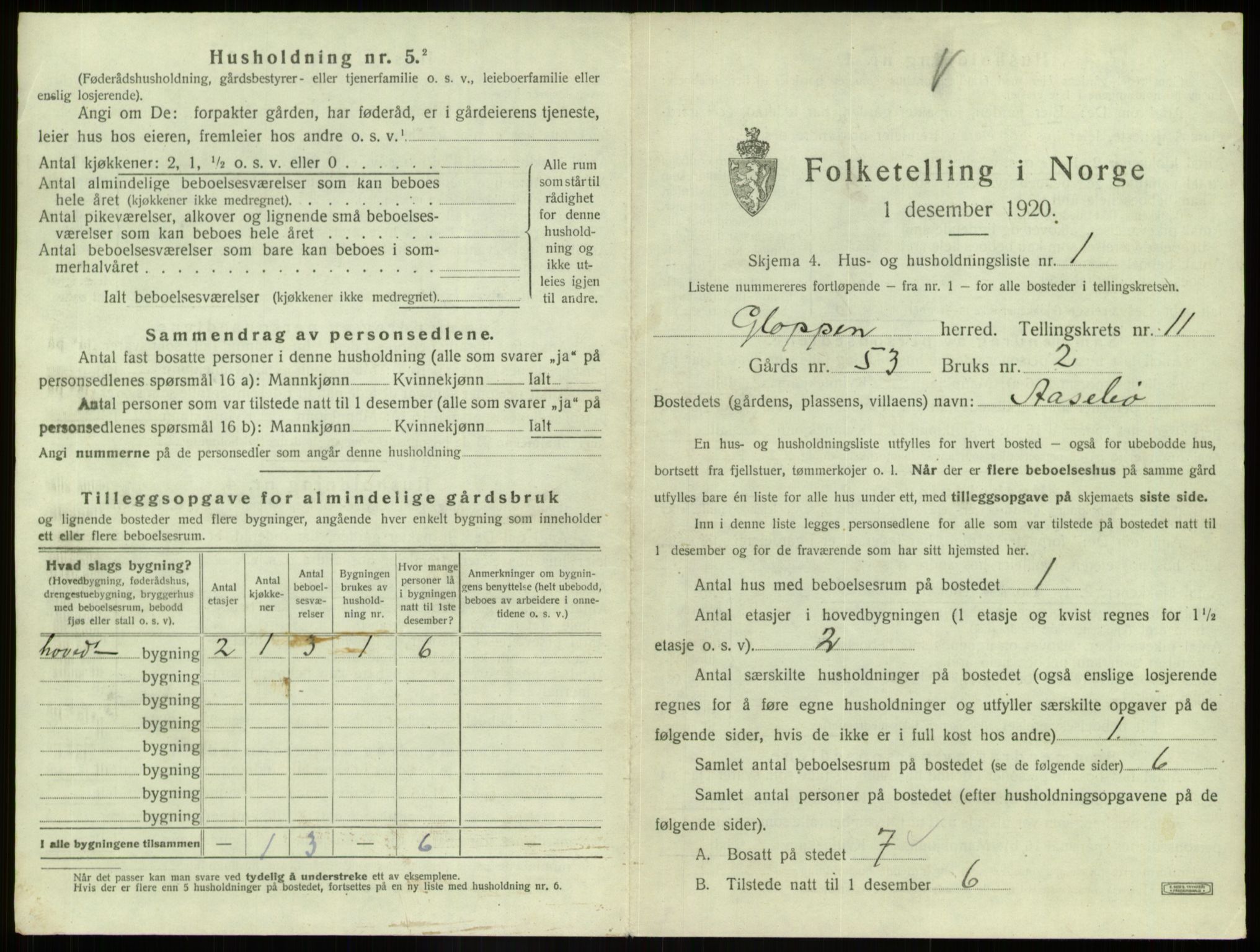 SAB, 1920 census for Gloppen, 1920, p. 697