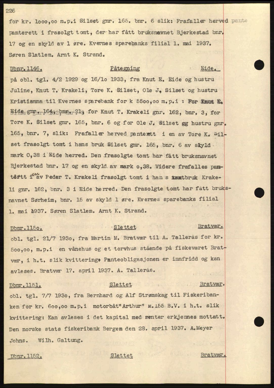 Nordmøre sorenskriveri, AV/SAT-A-4132/1/2/2Ca: Mortgage book no. C80, 1936-1939, Diary no: : 1146/1937