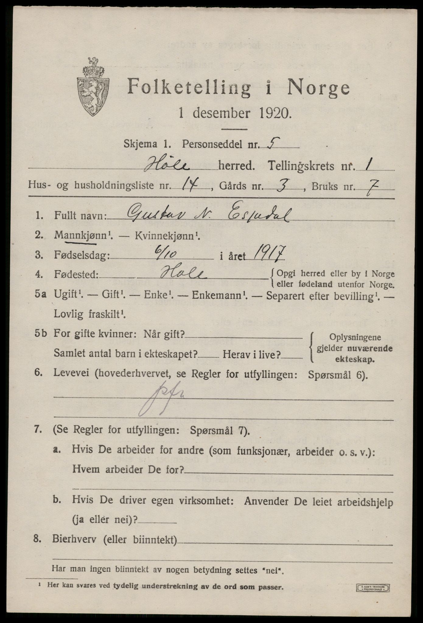 SAST, 1920 census for Høle, 1920, p. 657