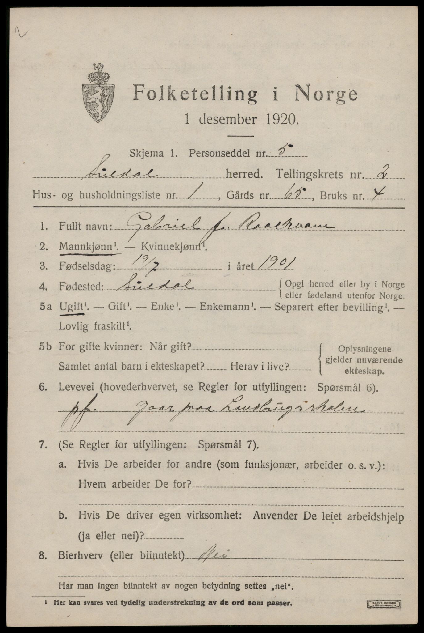 SAST, 1920 census for Suldal, 1920, p. 822