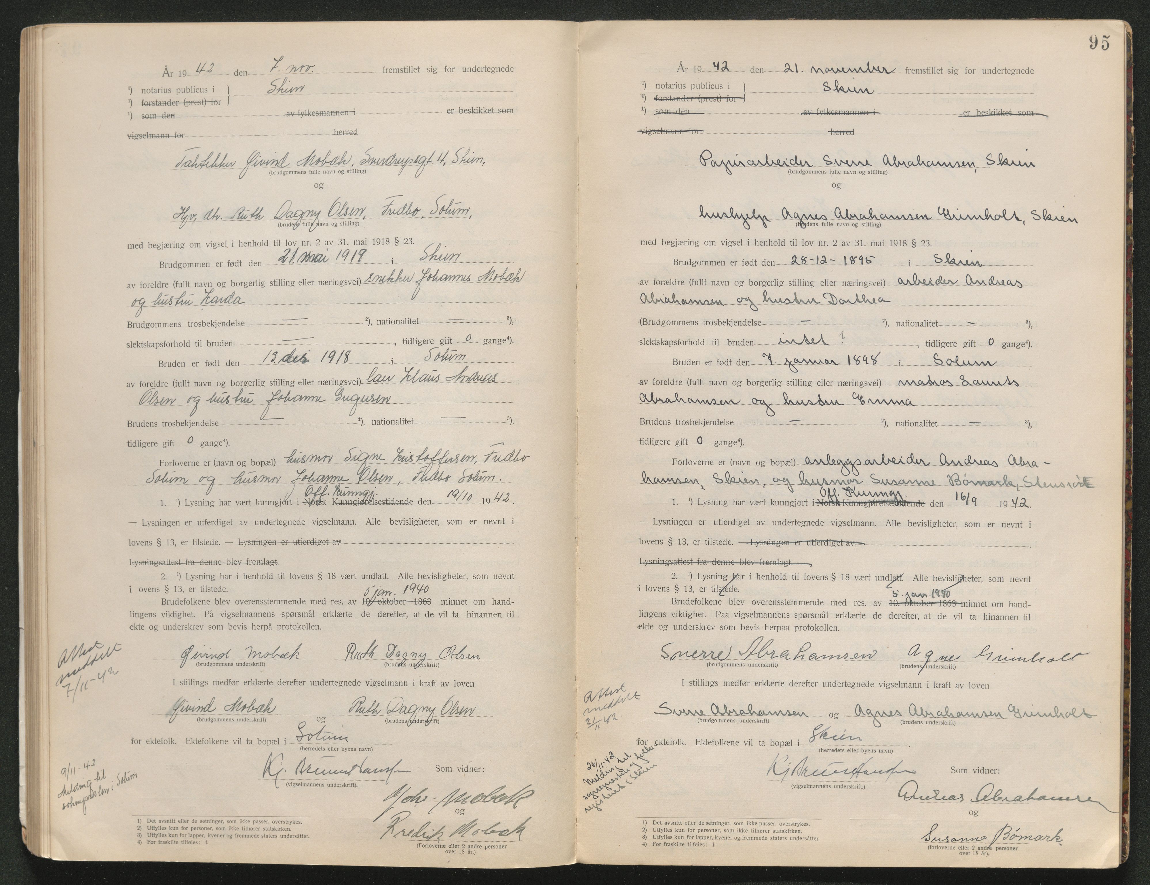 Skien sorenskriveri, AV/SAKO-A-225/L/La/L0001: Vigselsprotokoll, 1920-1947, p. 95