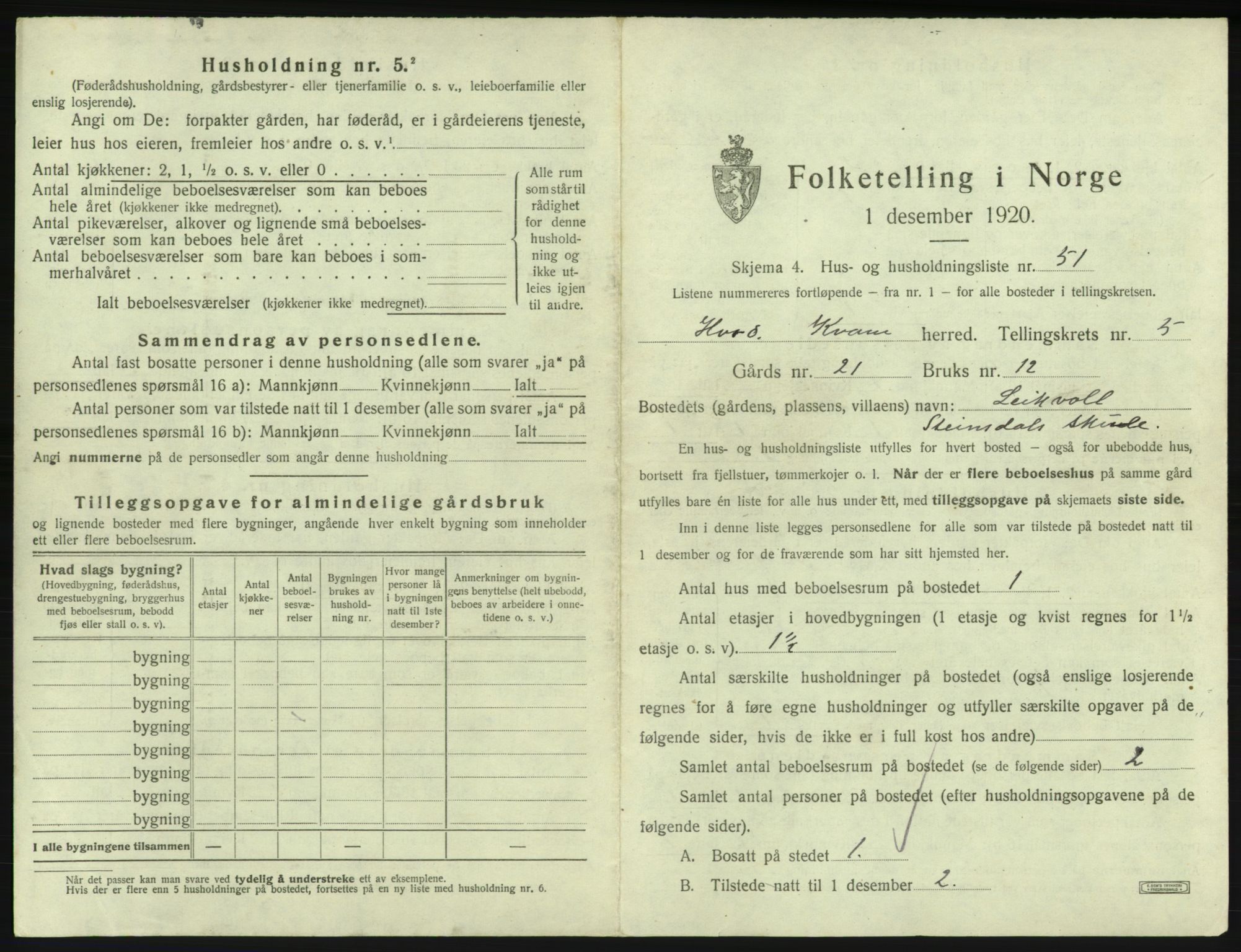 SAB, 1920 census for Kvam, 1920, p. 490