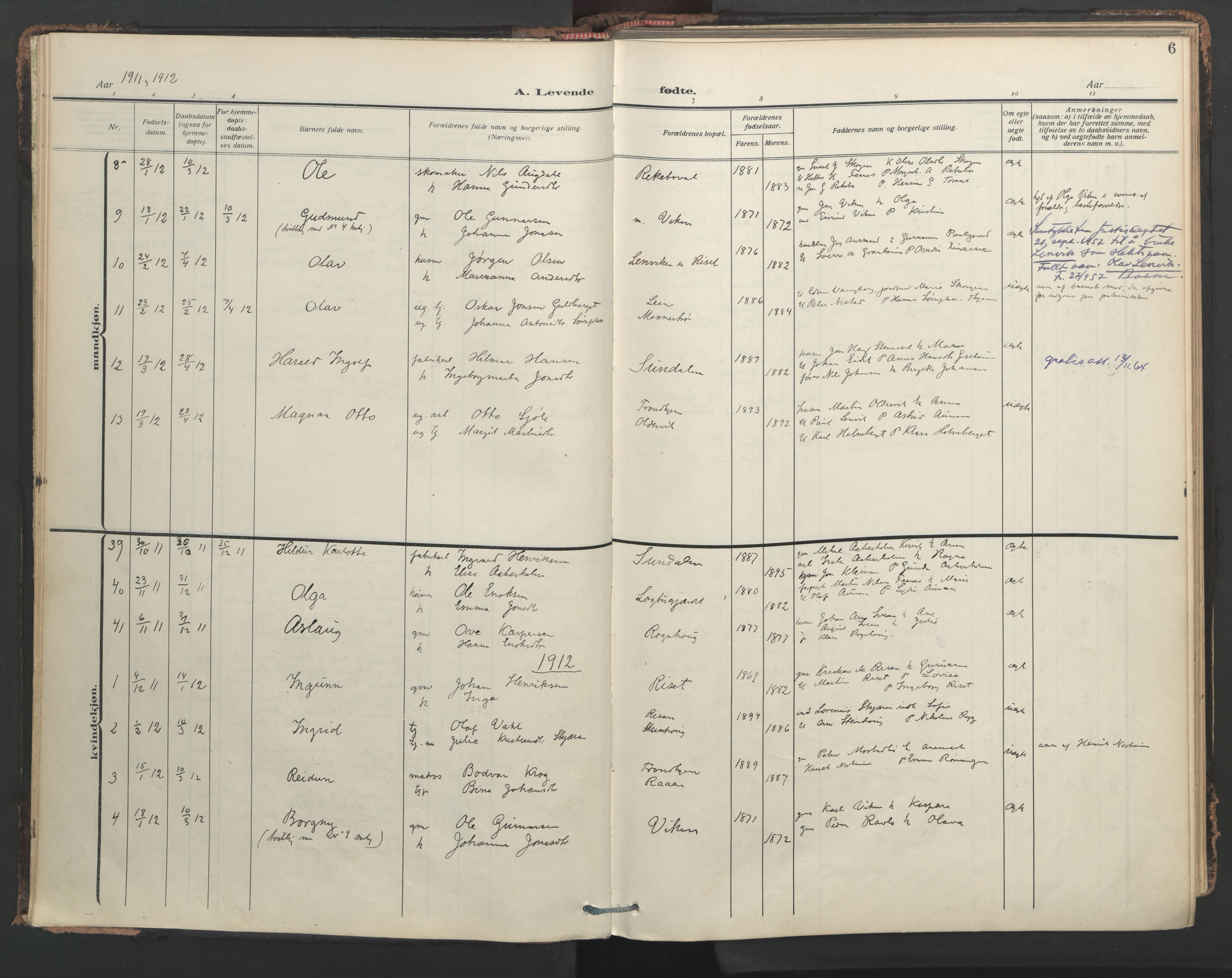 Ministerialprotokoller, klokkerbøker og fødselsregistre - Nord-Trøndelag, SAT/A-1458/713/L0123: Parish register (official) no. 713A12, 1911-1925, p. 6