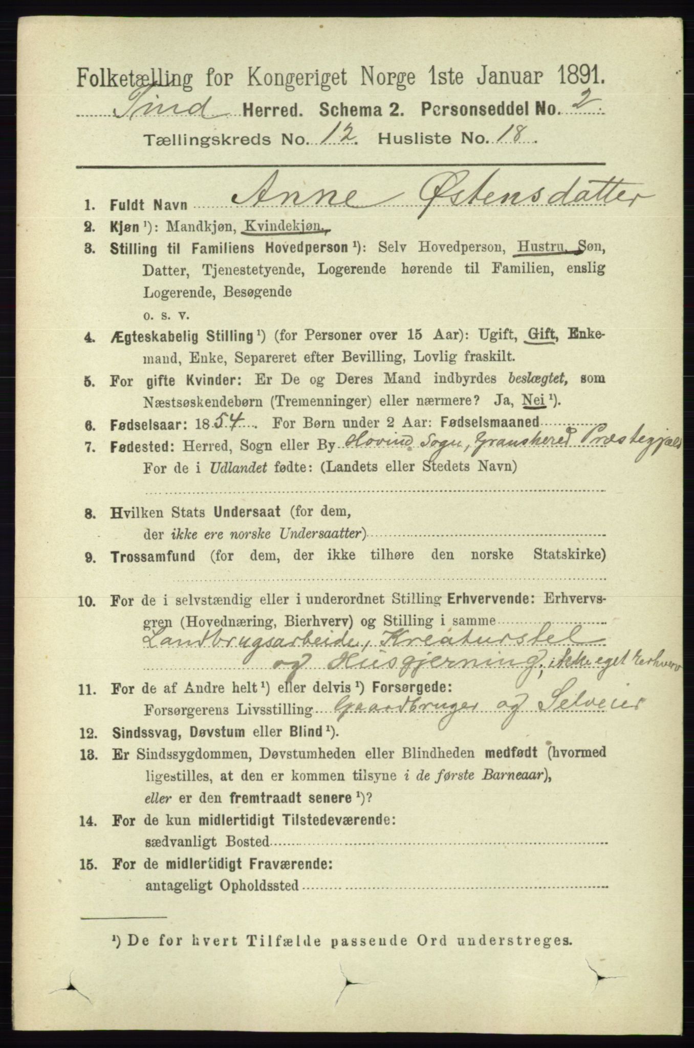 RA, 1891 census for 0826 Tinn, 1891, p. 2403