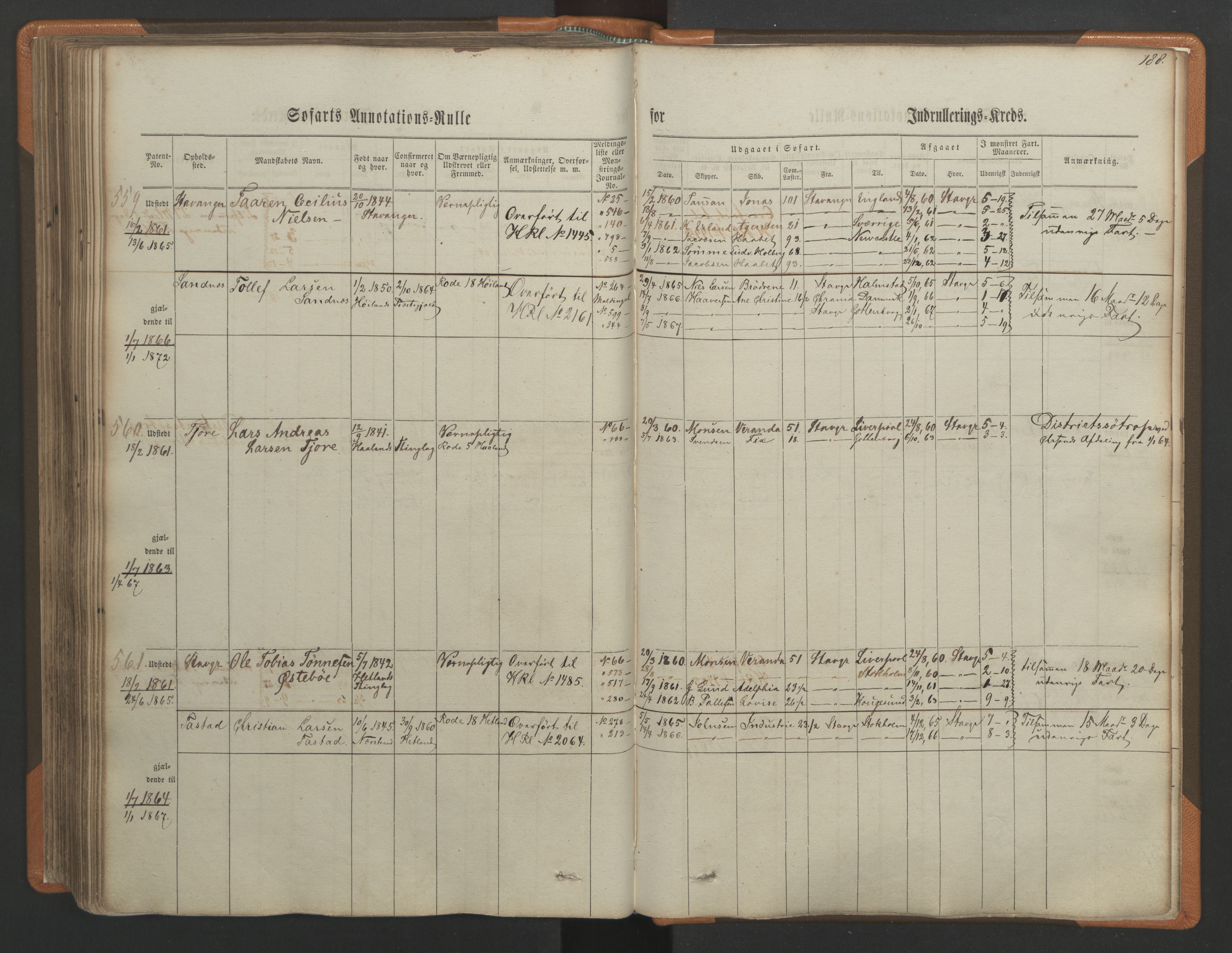 Stavanger sjømannskontor, AV/SAST-A-102006/F/Ff/L0001: Annotasjonsrulle, patentnr. 1-597 (del 1), 1860-1864, p. 198