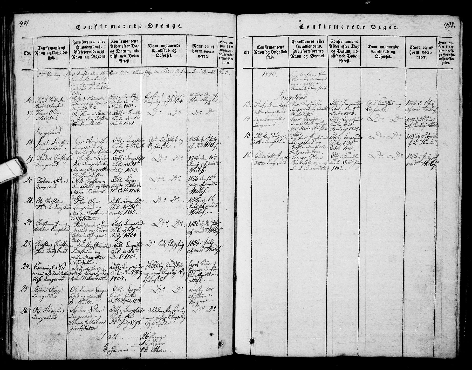 Bamble kirkebøker, SAKO/A-253/G/Ga/L0005: Parish register (copy) no. I 5, 1814-1855, p. 491-492