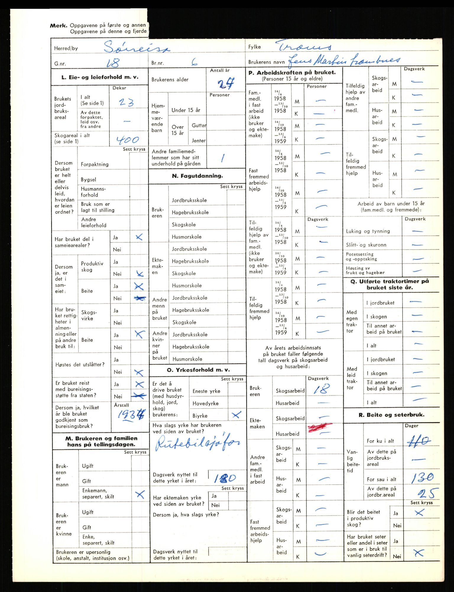 Statistisk sentralbyrå, Næringsøkonomiske emner, Jordbruk, skogbruk, jakt, fiske og fangst, AV/RA-S-2234/G/Gd/L0656: Troms: 1924 Målselv (kl. 0-3) og 1925 Sørreisa, 1959, p. 1575