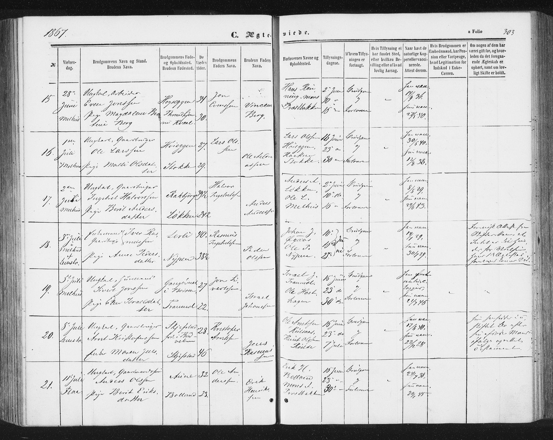 Ministerialprotokoller, klokkerbøker og fødselsregistre - Sør-Trøndelag, AV/SAT-A-1456/691/L1077: Parish register (official) no. 691A09, 1862-1873, p. 303