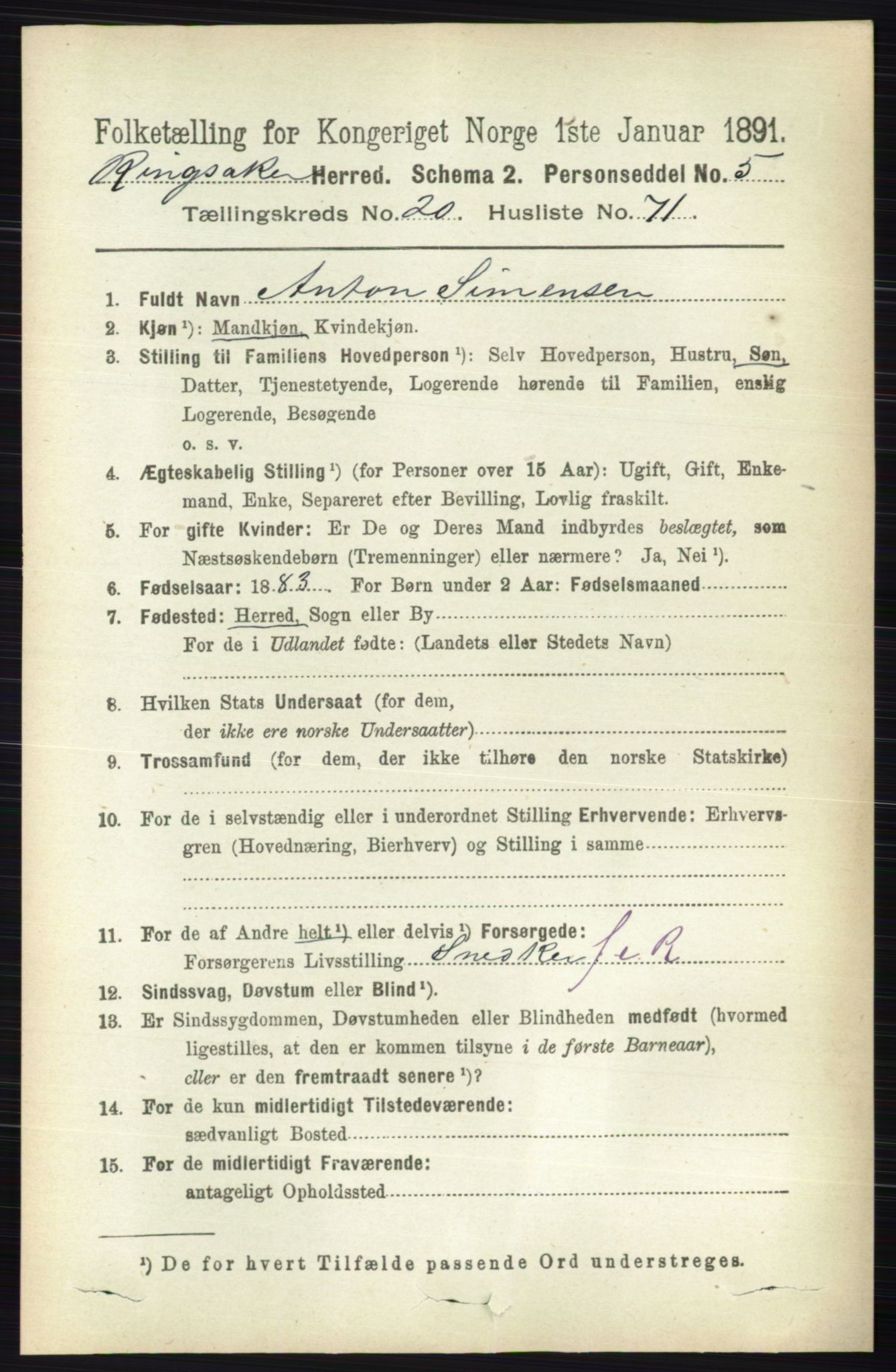 RA, 1891 census for 0412 Ringsaker, 1891, p. 11563