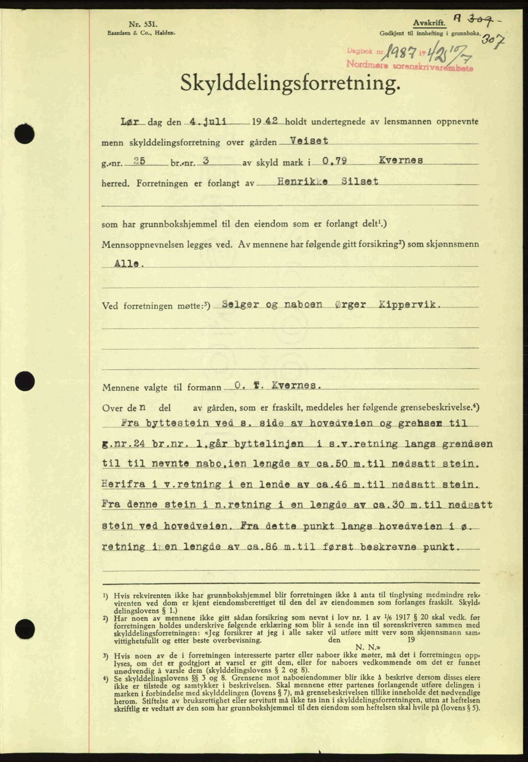 Nordmøre sorenskriveri, AV/SAT-A-4132/1/2/2Ca: Mortgage book no. A93, 1942-1942, Diary no: : 1887/1942