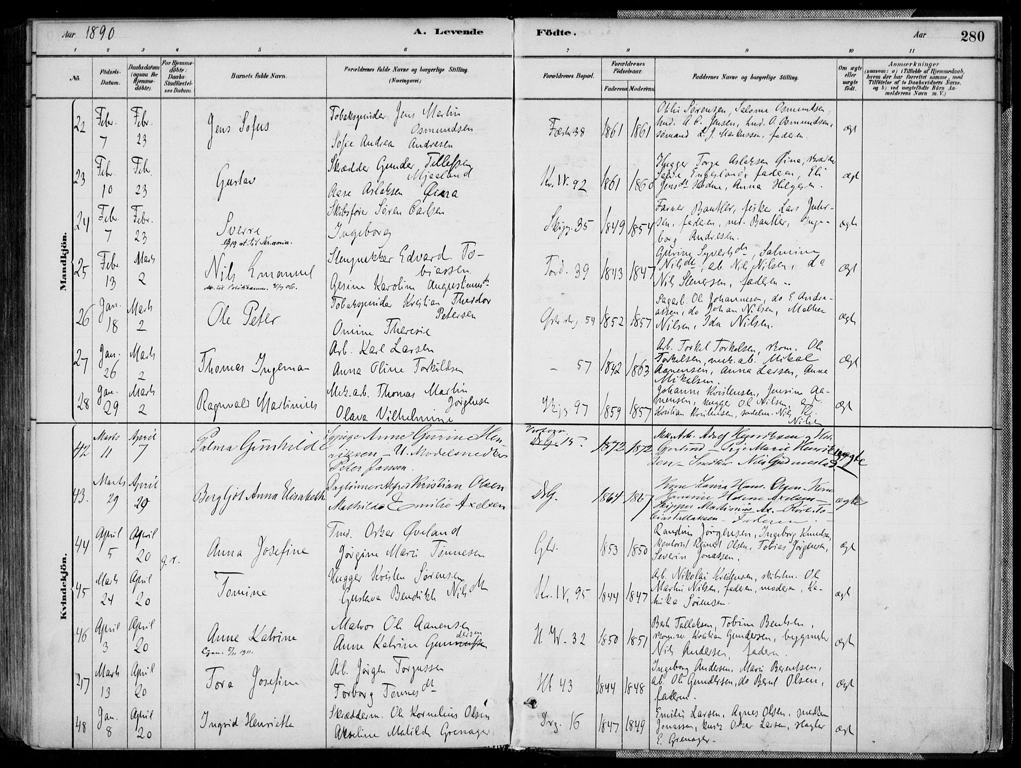 Kristiansand domprosti, SAK/1112-0006/F/Fa/L0016: Parish register (official) no. A 16A, 1880-1890, p. 280