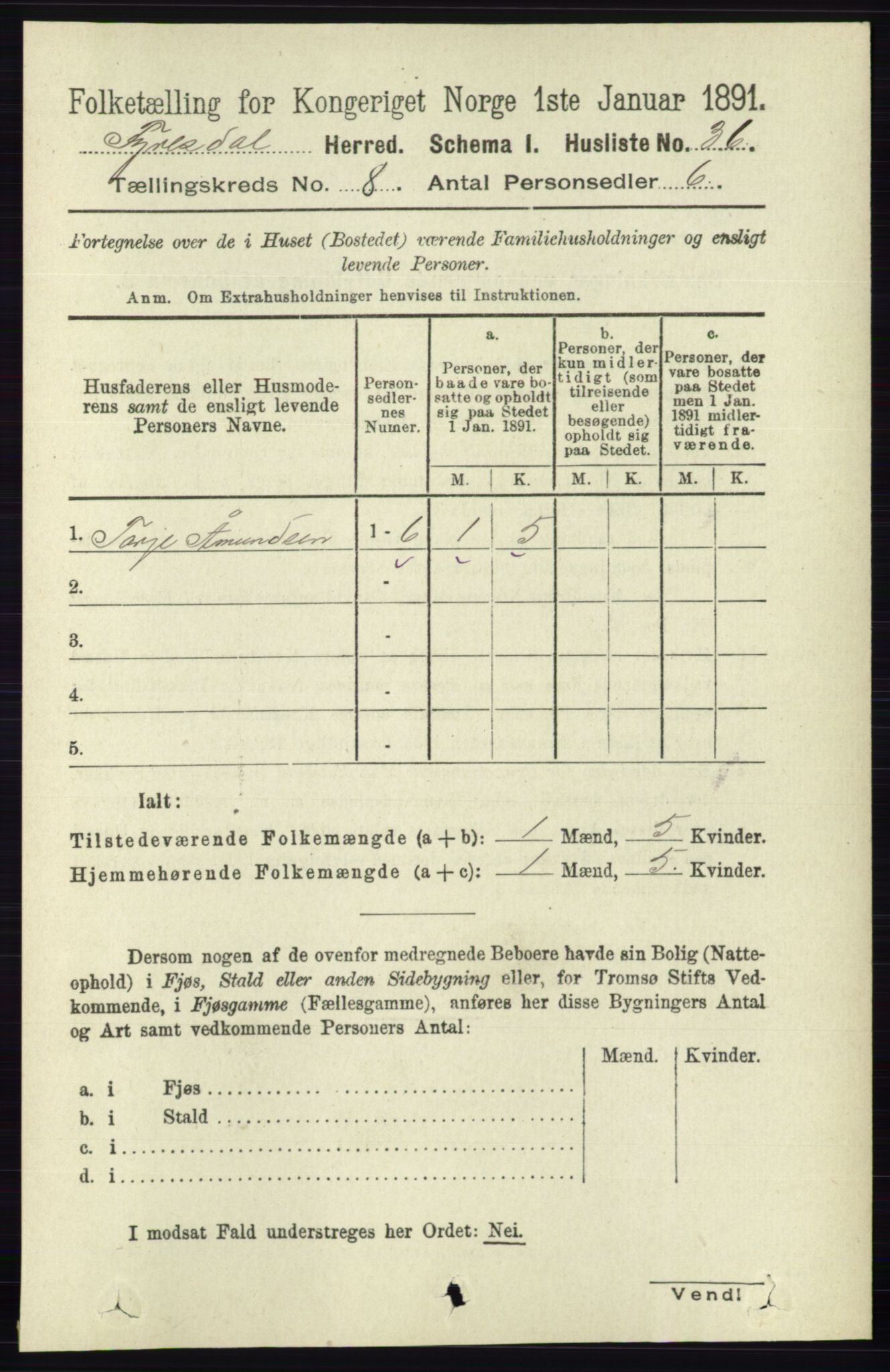 RA, 1891 census for 0831 Fyresdal, 1891, p. 2169