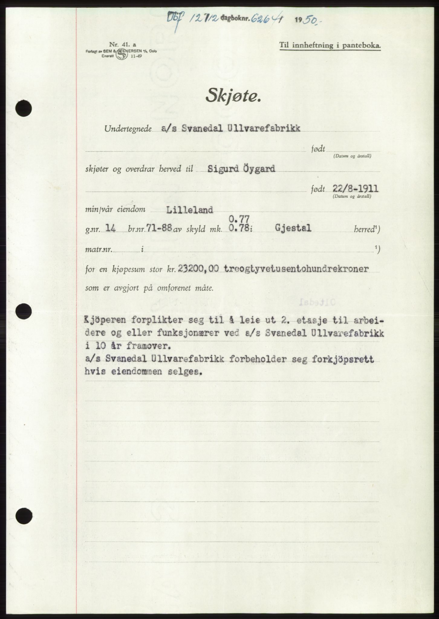 Jæren sorenskriveri, SAST/A-100310/03/G/Gba/L0110: Mortgage book, 1950-1950, Diary no: : 6264/1950