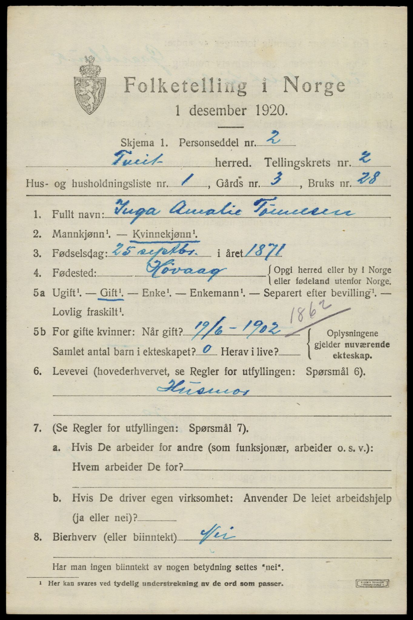 SAK, 1920 census for Tveit, 1920, p. 1228