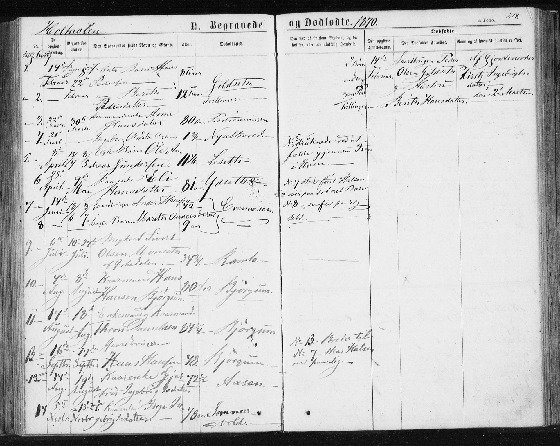 Ministerialprotokoller, klokkerbøker og fødselsregistre - Sør-Trøndelag, SAT/A-1456/685/L0969: Parish register (official) no. 685A08 /1, 1870-1878, p. 218