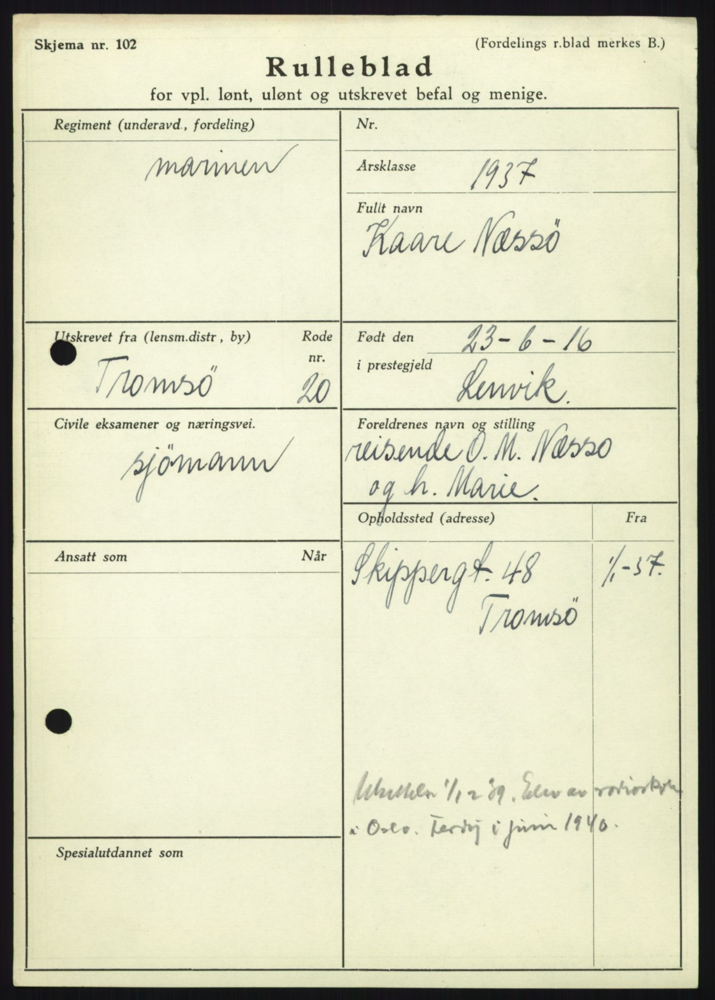 Forsvaret, Troms infanteriregiment nr. 16, AV/RA-RAFA-3146/P/Pa/L0021: Rulleblad for regimentets menige mannskaper, årsklasse 1937, 1937, p. 915