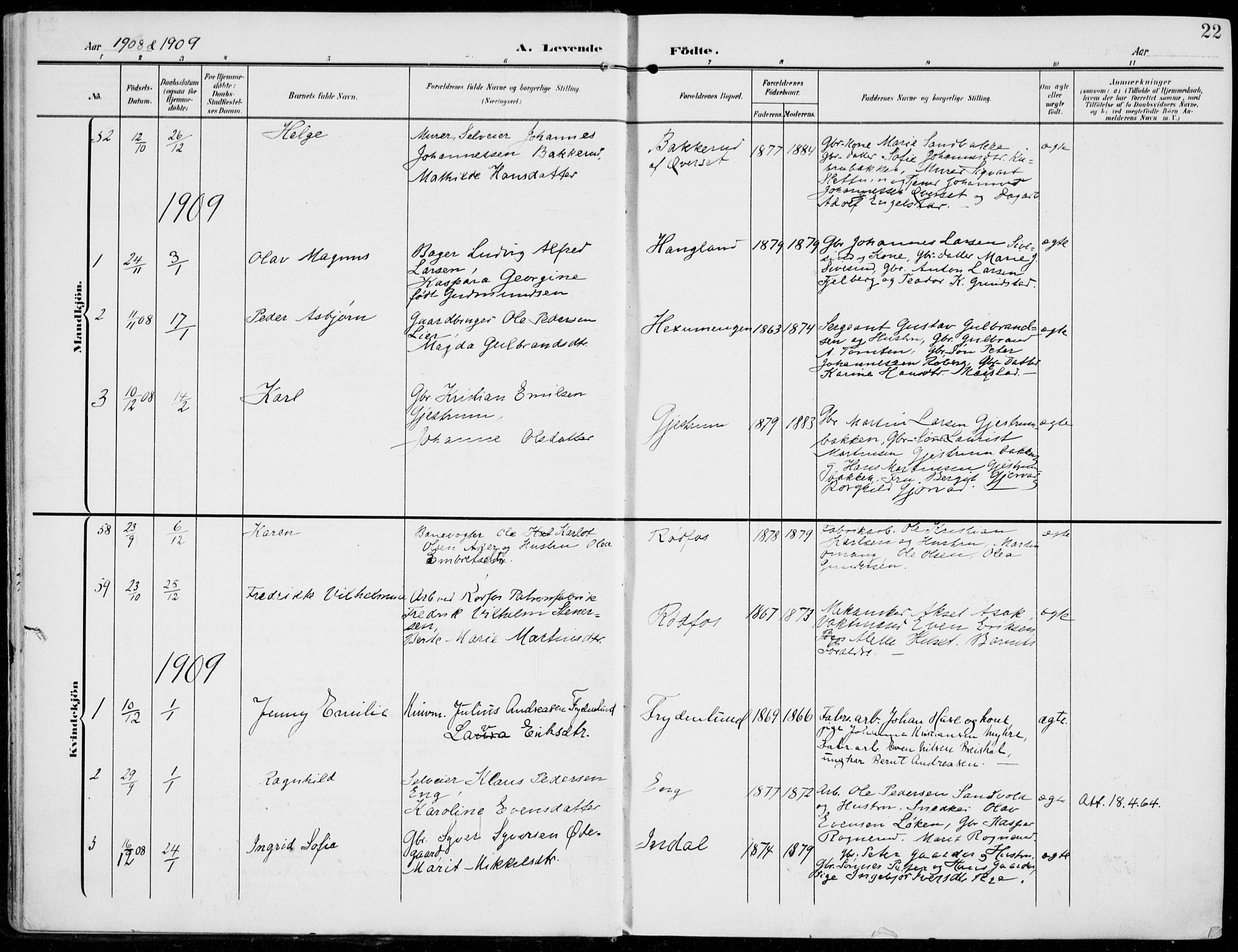 Vestre Toten prestekontor, SAH/PREST-108/H/Ha/Haa/L0014: Parish register (official) no. 14, 1907-1920, p. 22