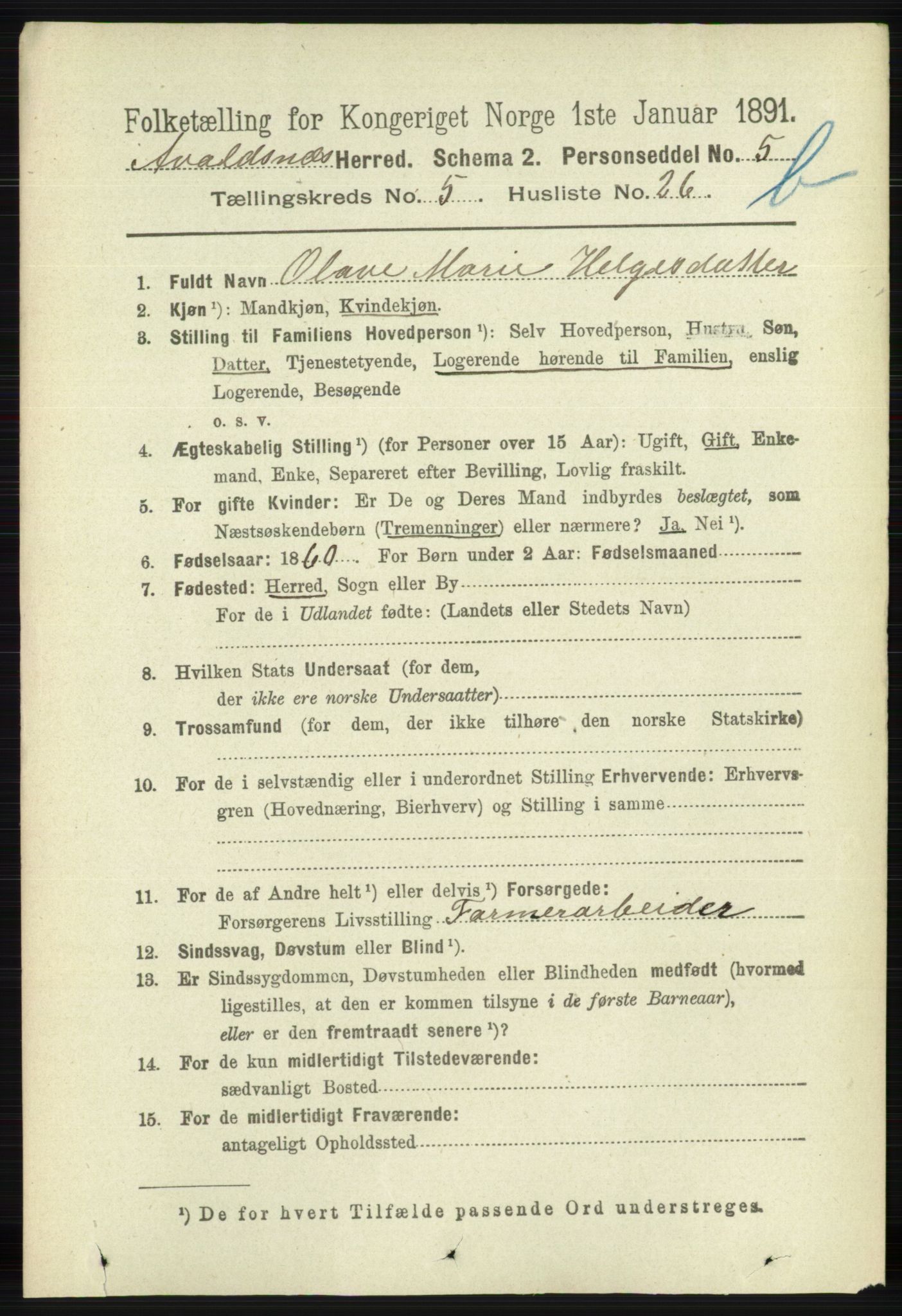 RA, 1891 census for 1147 Avaldsnes, 1891, p. 3143