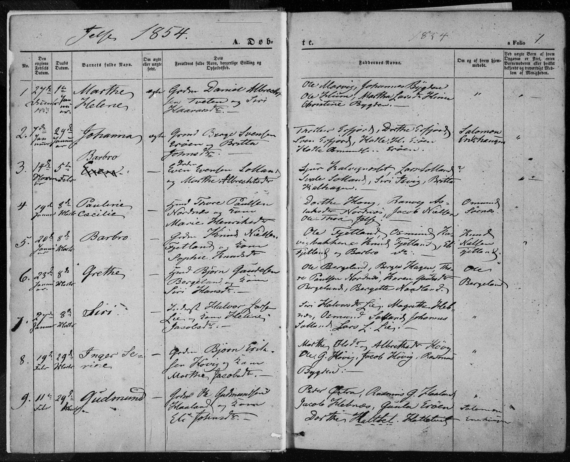 Jelsa sokneprestkontor, AV/SAST-A-101842/01/IV: Parish register (official) no. A 7, 1854-1866, p. 1