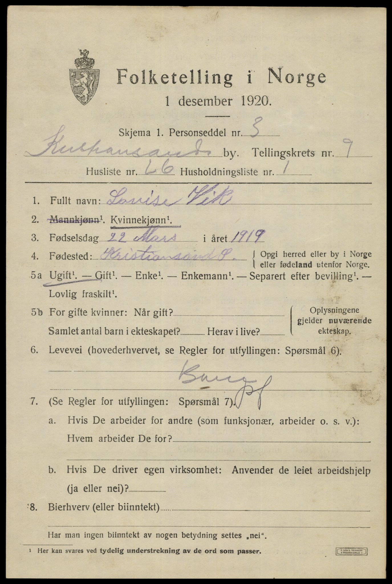 SAK, 1920 census for Kristiansand, 1920, p. 22961
