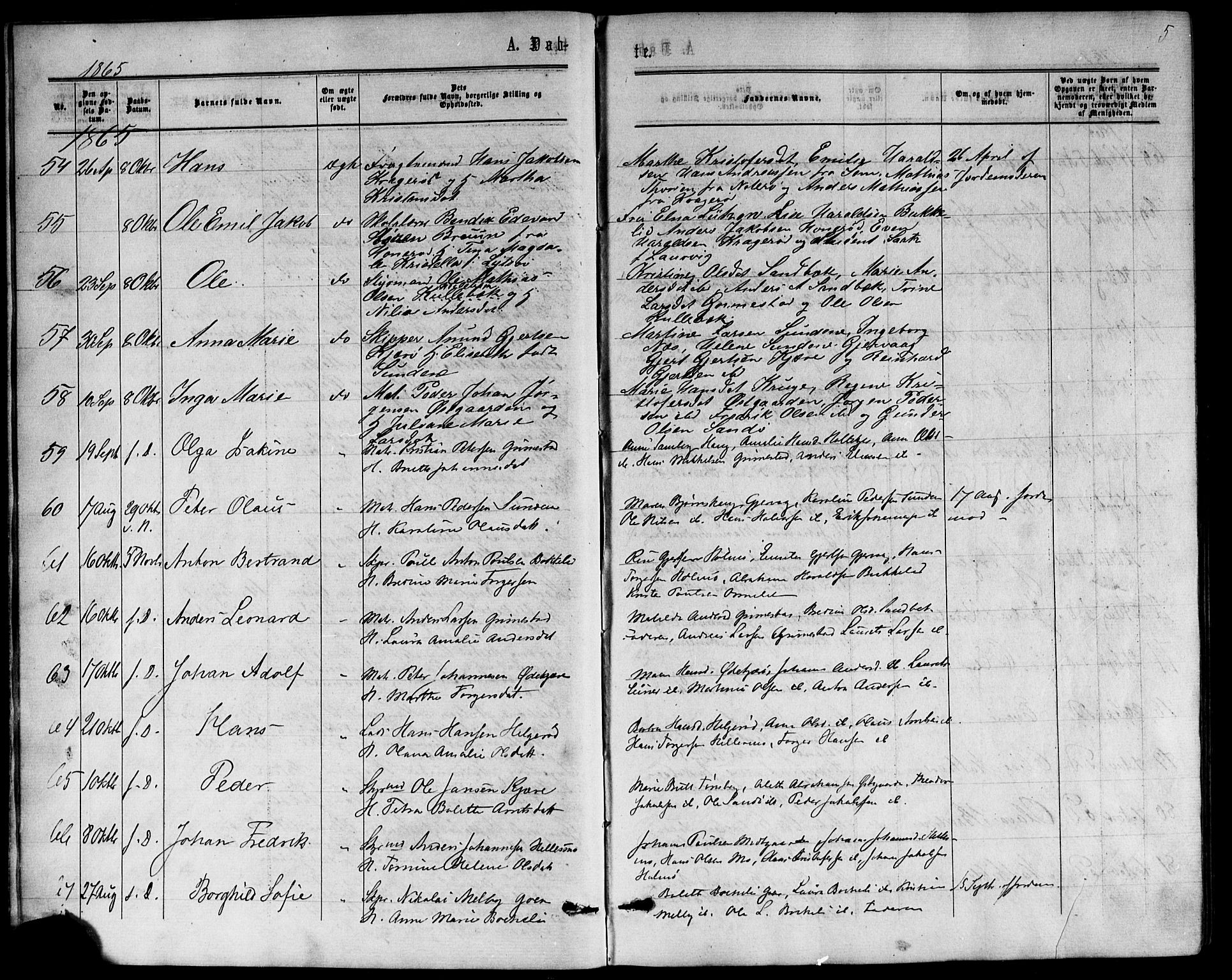Nøtterøy kirkebøker, AV/SAKO-A-354/F/Fb/L0001: Parish register (official) no. II 1, 1865-1878, p. 5