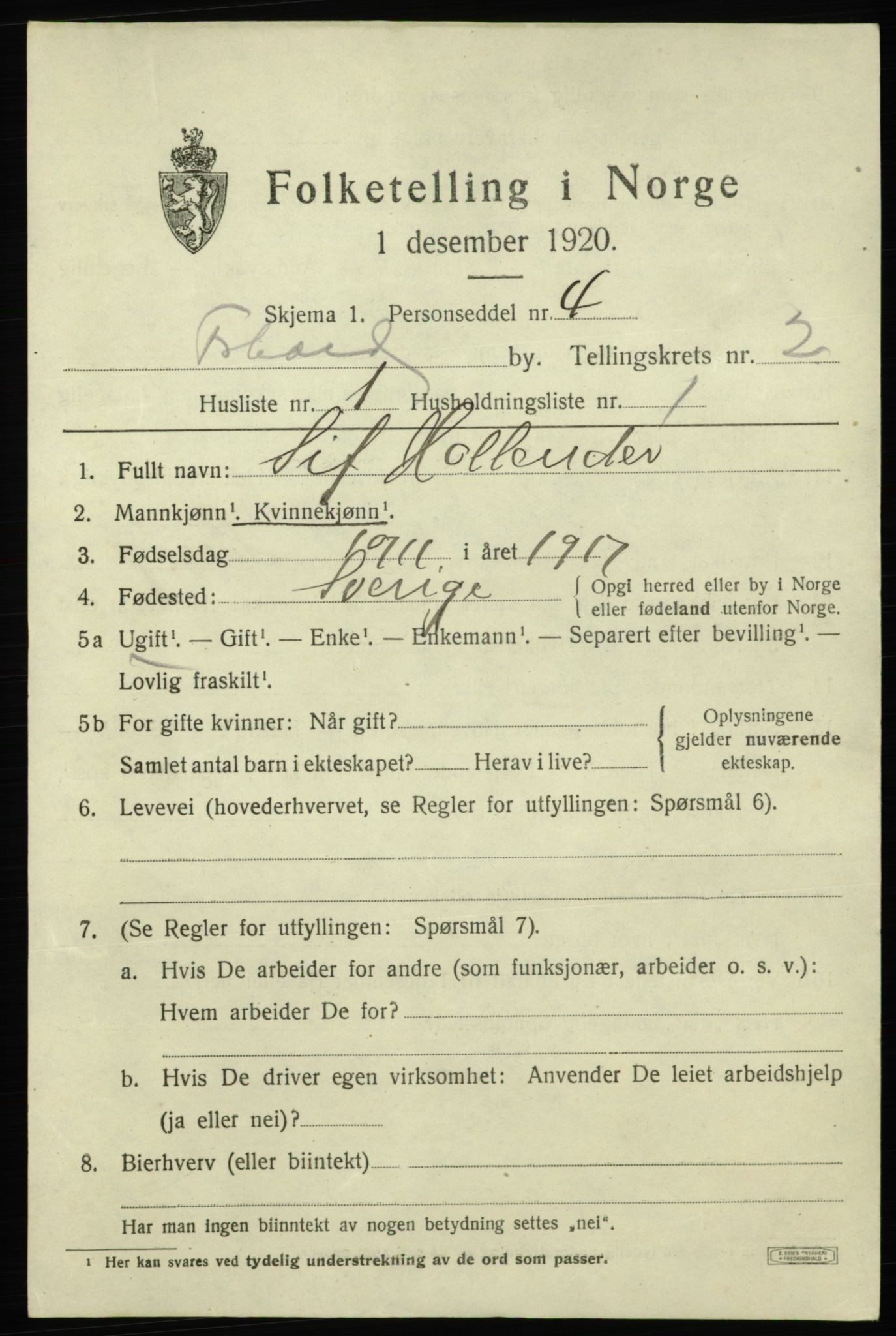 SAO, 1920 census for Fredrikshald, 1920, p. 9256