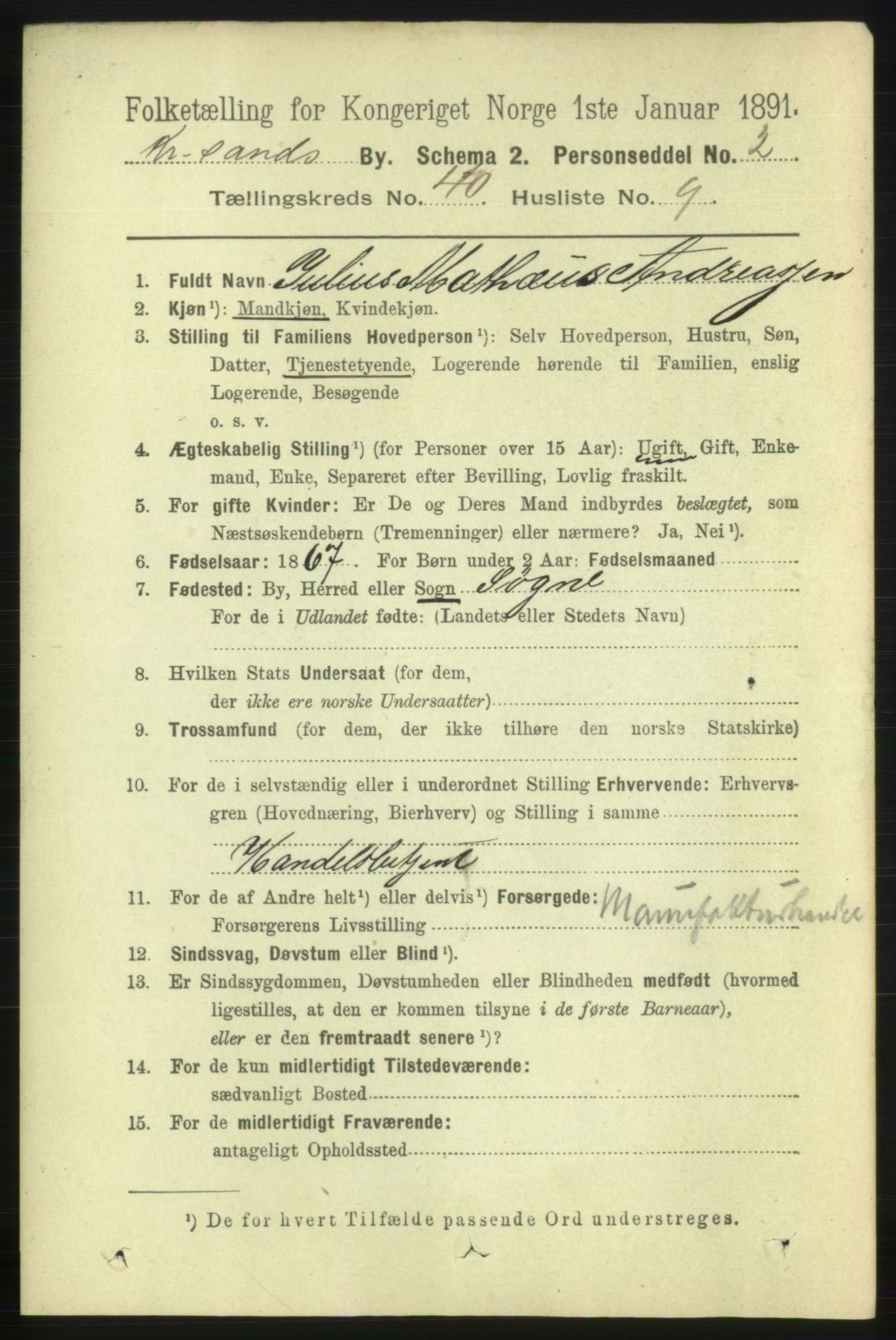 RA, 1891 census for 1001 Kristiansand, 1891, p. 12477