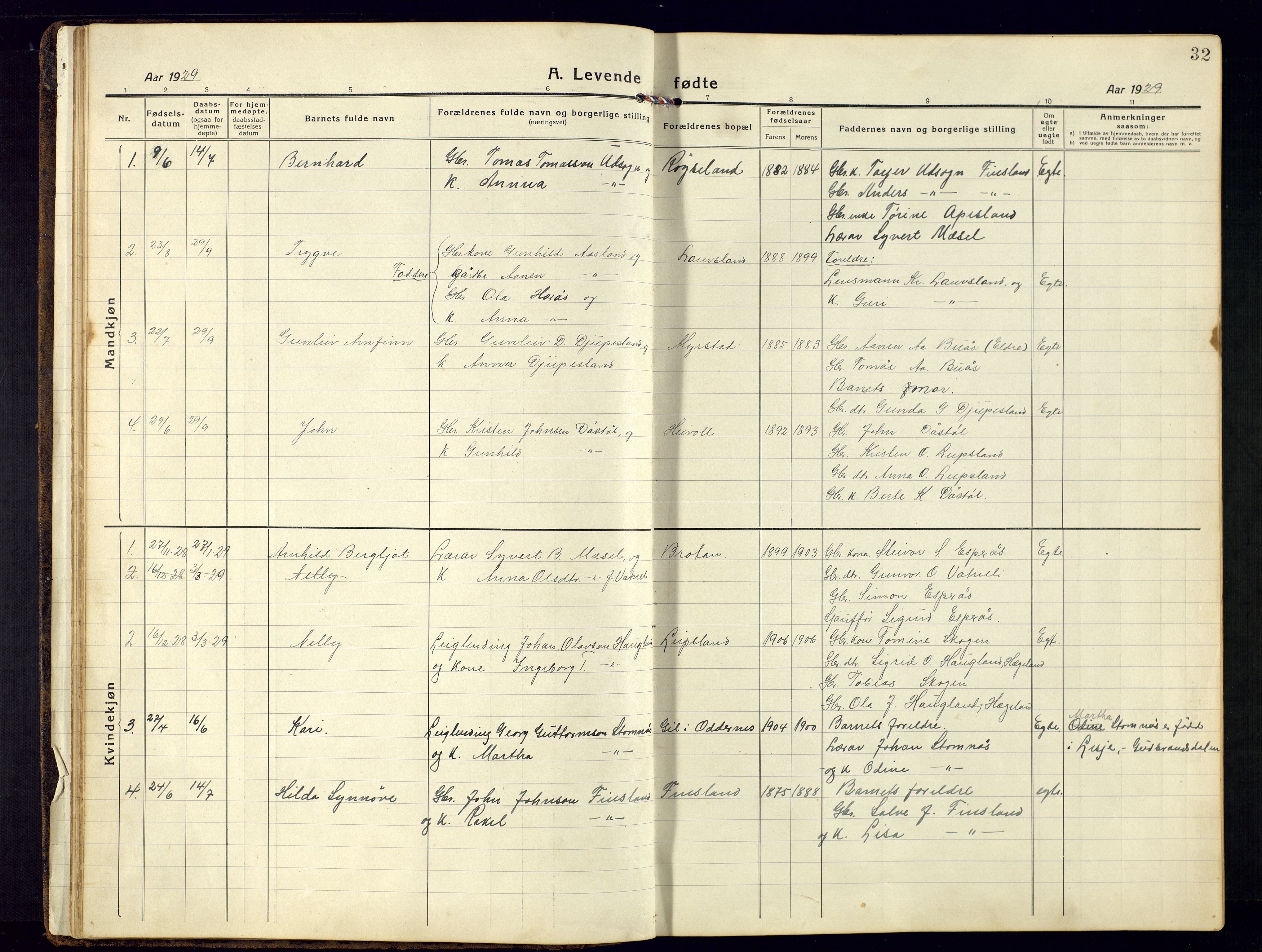 Bjelland sokneprestkontor, SAK/1111-0005/F/Fb/Fbb/L0006: Parish register (copy) no. B-6, 1918-1946, p. 32