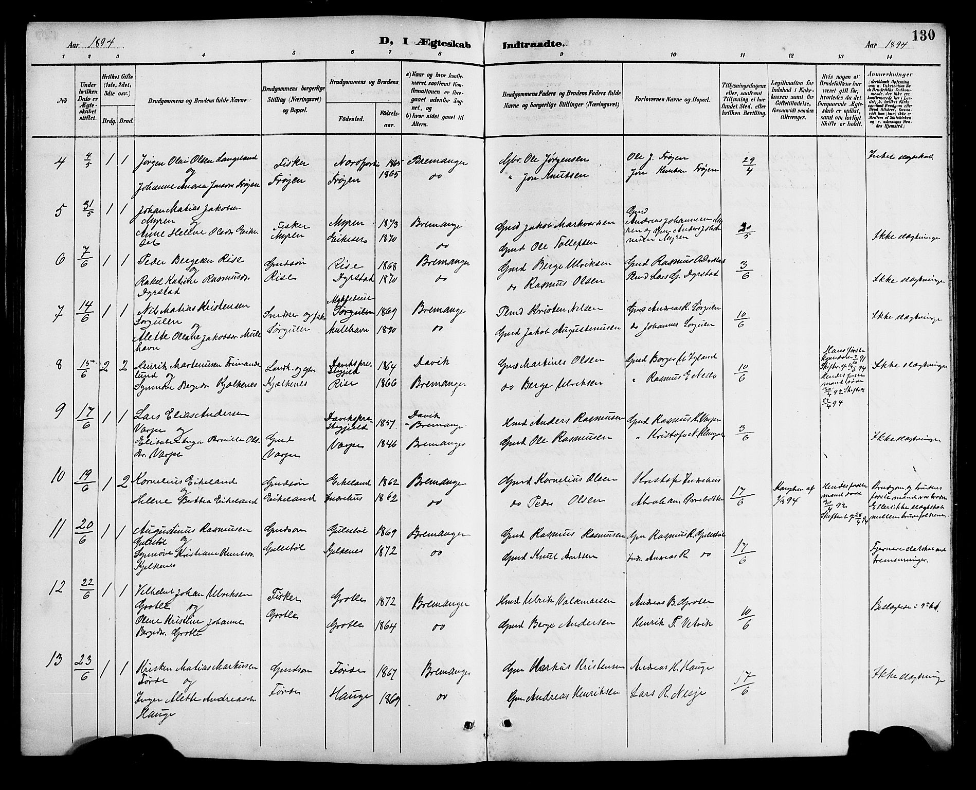 Bremanger sokneprestembete, AV/SAB-A-82201/H/Hab/Haba/L0003: Parish register (copy) no. A 3, 1890-1908, p. 130