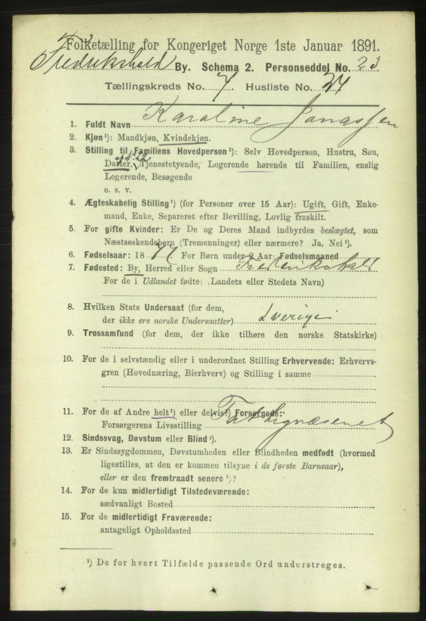 RA, 1891 census for 0101 Fredrikshald, 1891, p. 5316