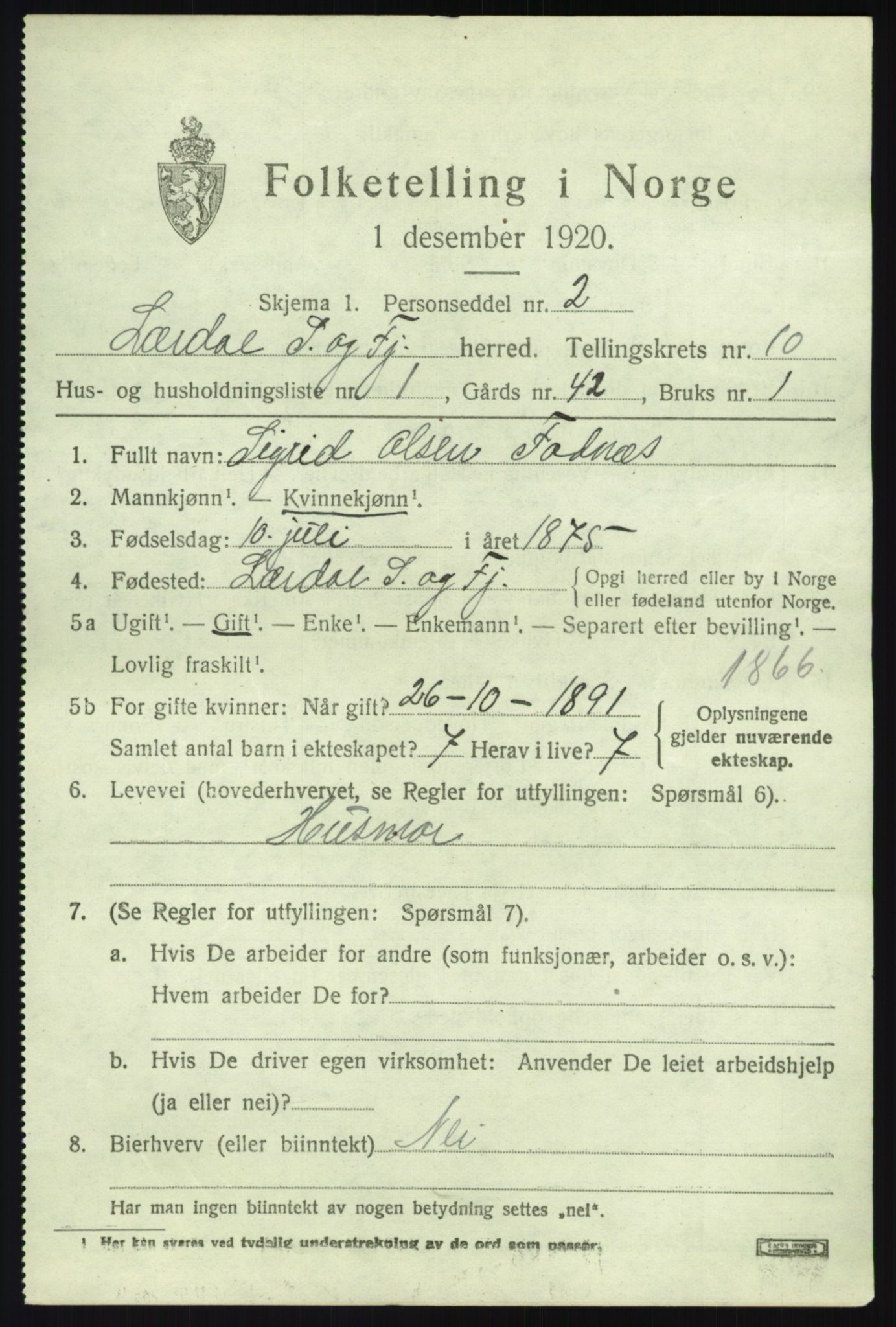 SAB, 1920 census for Lærdal, 1920, p. 4354