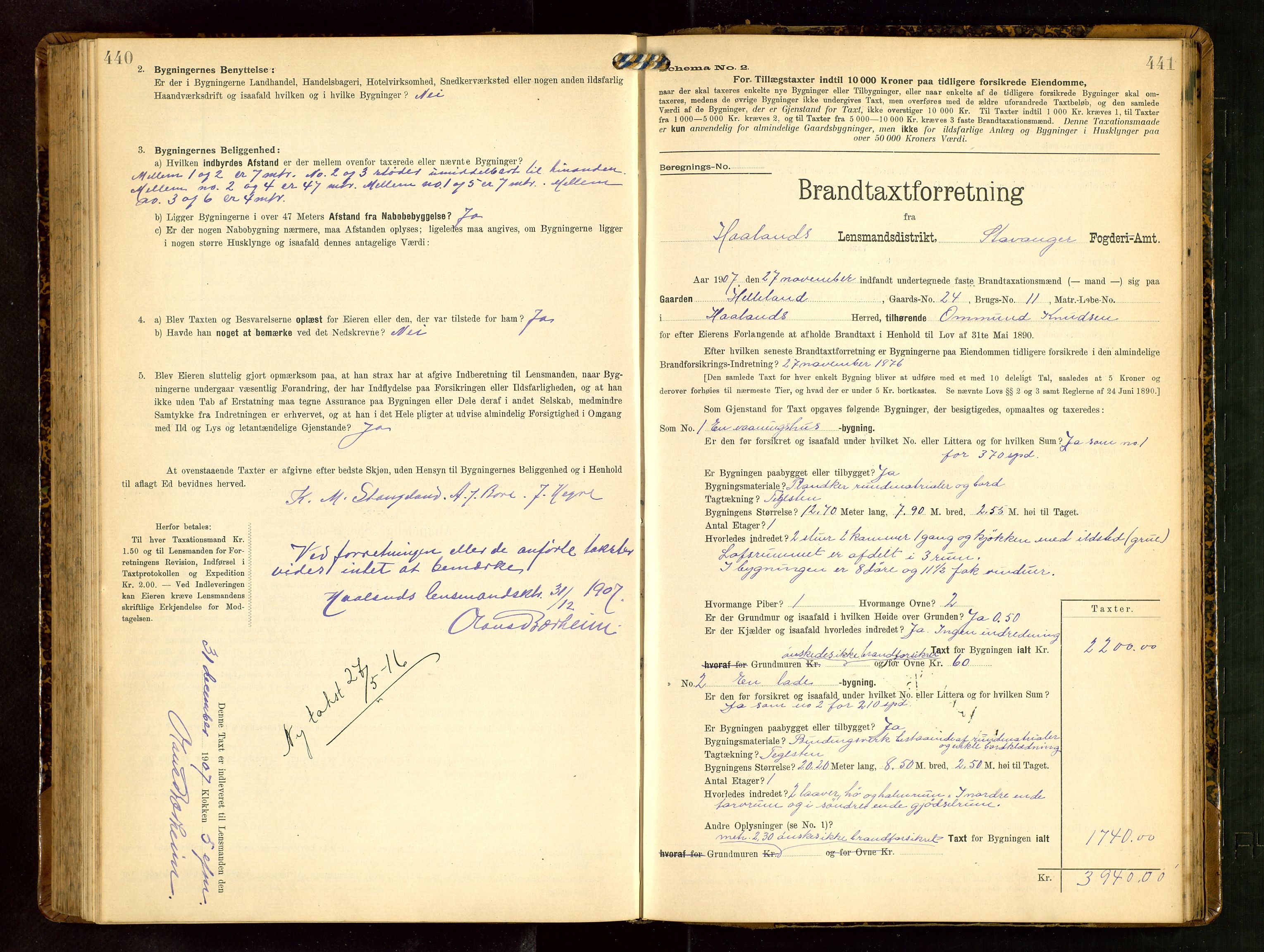 Håland lensmannskontor, SAST/A-100100/Gob/L0003: Branntakstprotokoll - skjematakst. Register i boken., 1909-1910, p. 440-441