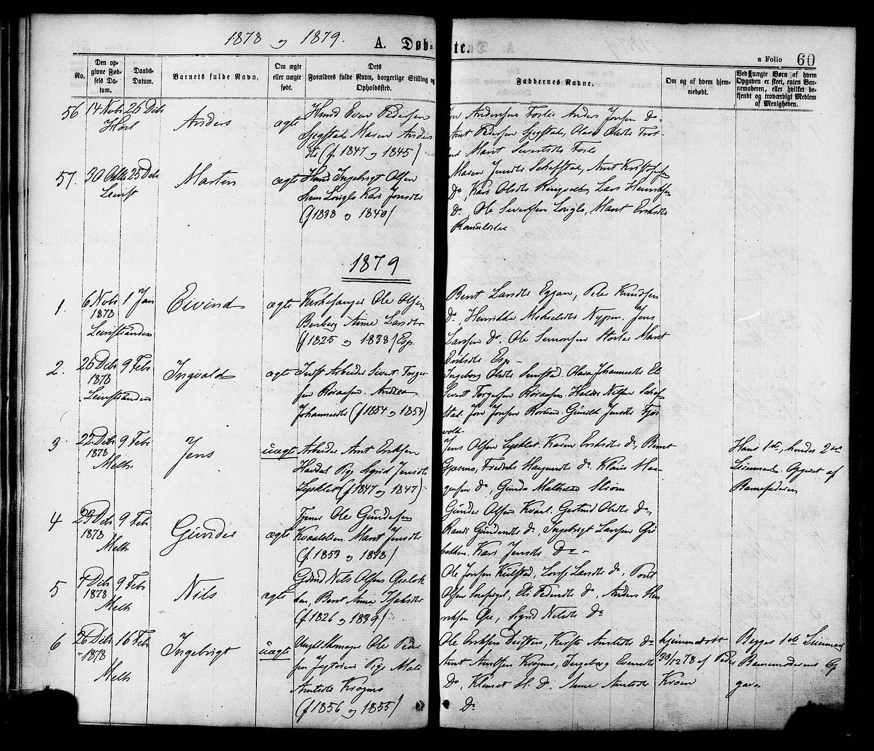 Ministerialprotokoller, klokkerbøker og fødselsregistre - Sør-Trøndelag, AV/SAT-A-1456/691/L1079: Parish register (official) no. 691A11, 1873-1886, p. 60