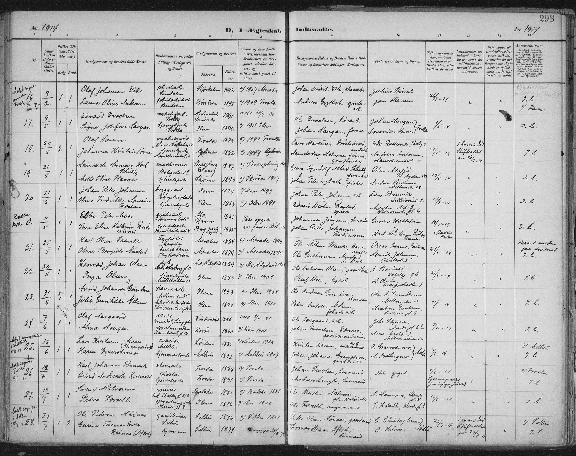 Ministerialprotokoller, klokkerbøker og fødselsregistre - Sør-Trøndelag, SAT/A-1456/603/L0167: Parish register (official) no. 603A06, 1896-1932, p. 298